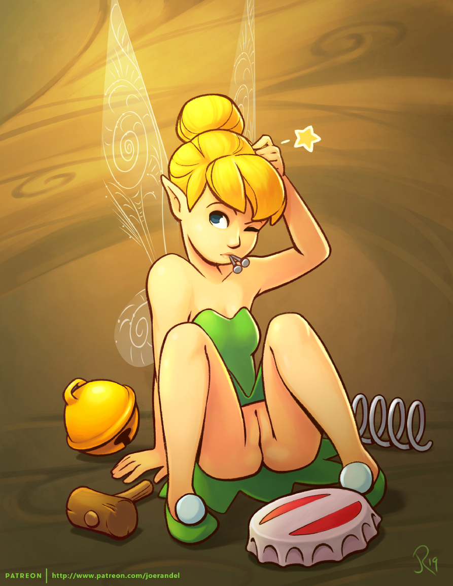 1girls 2010s 2019 5_fingers bell blonde_hair bottle_cap clothing disney disney_fairies dress exposed_pussy fairy fairy_wings female female_focus female_only green_clothing grey_eyes hair hammer humanoid indoors joe_randel jpeg one_eye_closed patreon_logo patreon_url peter_pan_(disney) pointy_ears pussy shoes signature sitting solo solo_female thinking tinker_bell upskirt wings