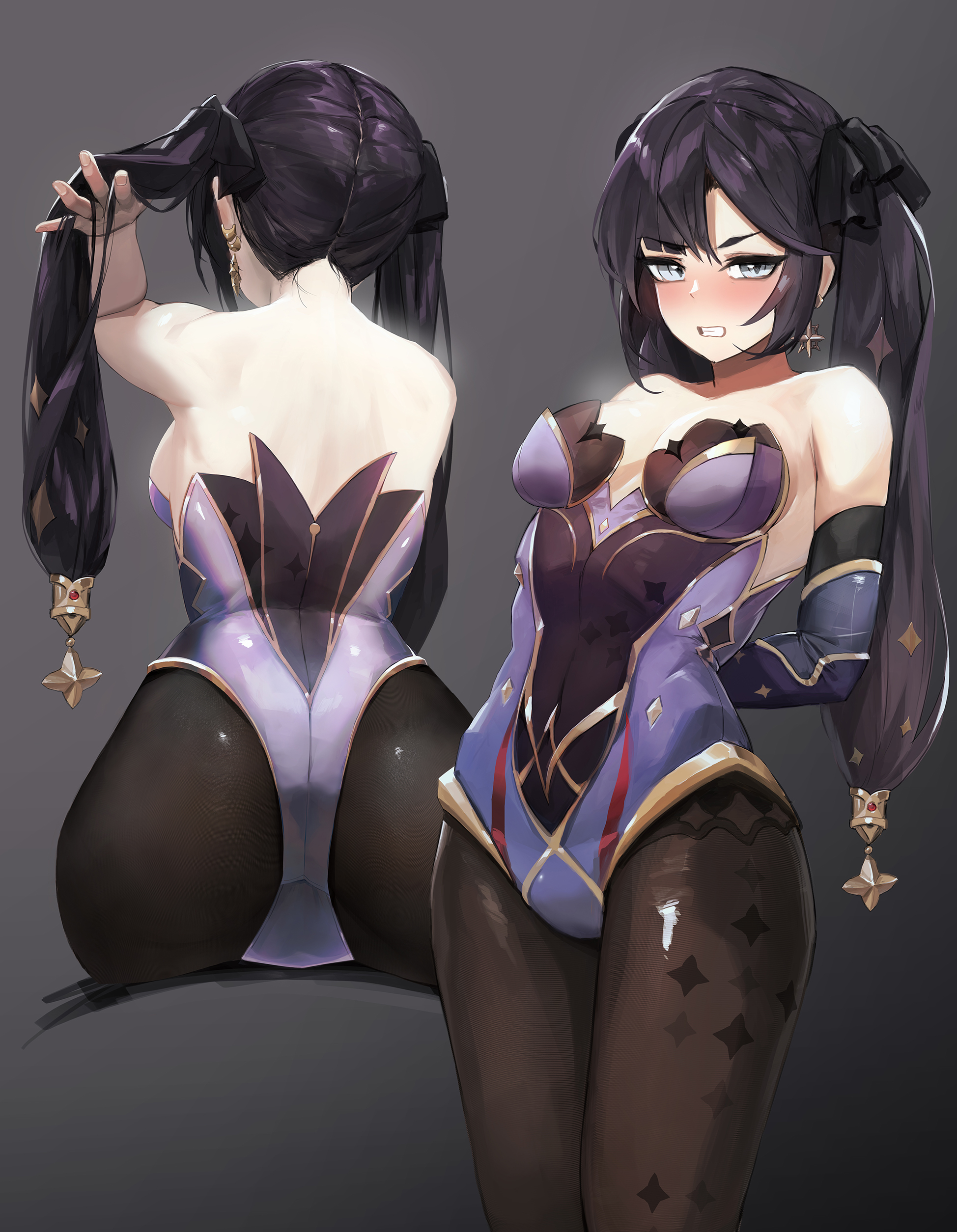 1girls, angry, arms behind back, ass, back, back view, bare shoulders, big ass, black hair, bondage, breasts, clenched teeth, clothed, clothing, female, female only, fully clothed, genshin impact, hair ornament, human, light skin, light-skinned female, long hair, looking at viewer, medium breasts, mo ne, mona (genshin impact), multiple views, pale skin, sitting, solo, standing, twintails