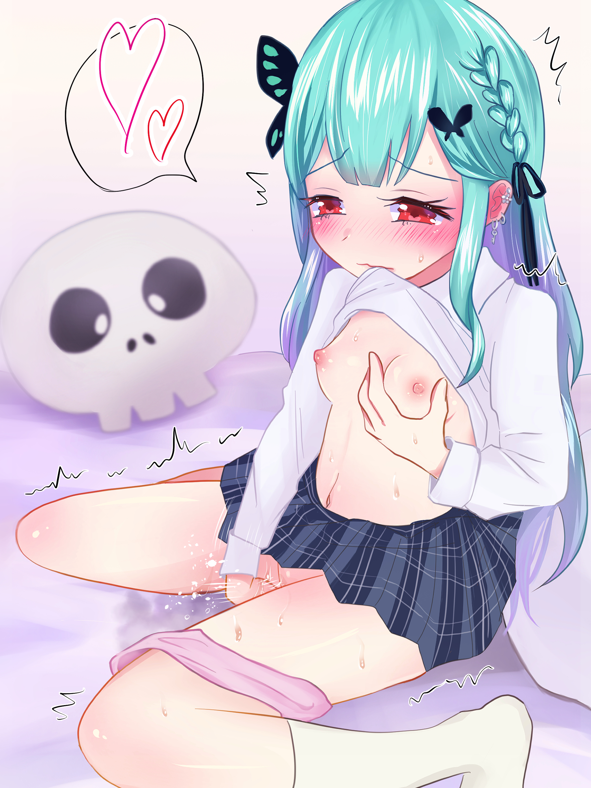 breasts, clothed, clothing, female, green hair, hololive, hololive fantasy, hololive japan, masturbation, nipples, red eyes, school uniform, small breasts, uruha rushia, virtual youtuber
