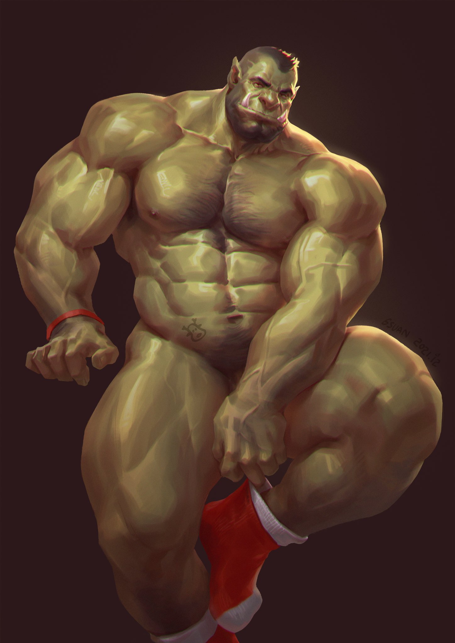 6suan abs christmas covering covering_crotch covering_penis green_body green_skin hairy hi_res holidays humanoid humanoid_pointy_ears male male_focus male_only muscular muscular_male nipples orc orc_male solo vein