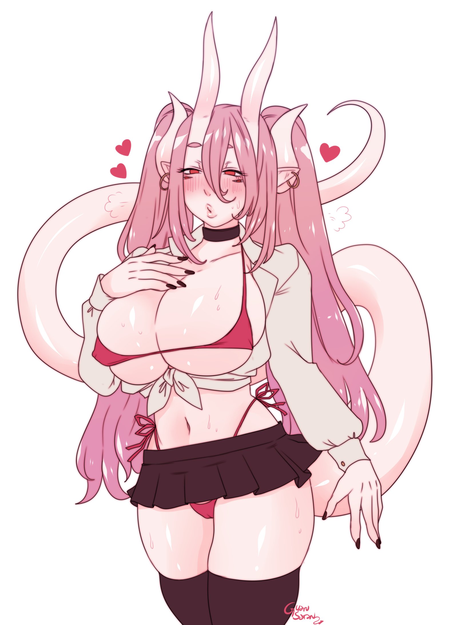 1girls, aroused, big breasts, bikini, black thighhighs, blush, breasts, choker, earrings, female, female only, gyarusatan, heart, hi res, horns, long hair, looking at viewer, miniskirt, narrowed eyes, open shirt, panties, pink hair, pointy ears, red eyes, shirt, solo, solo female, tail, thigh squish, thighhighs, twintails, white background