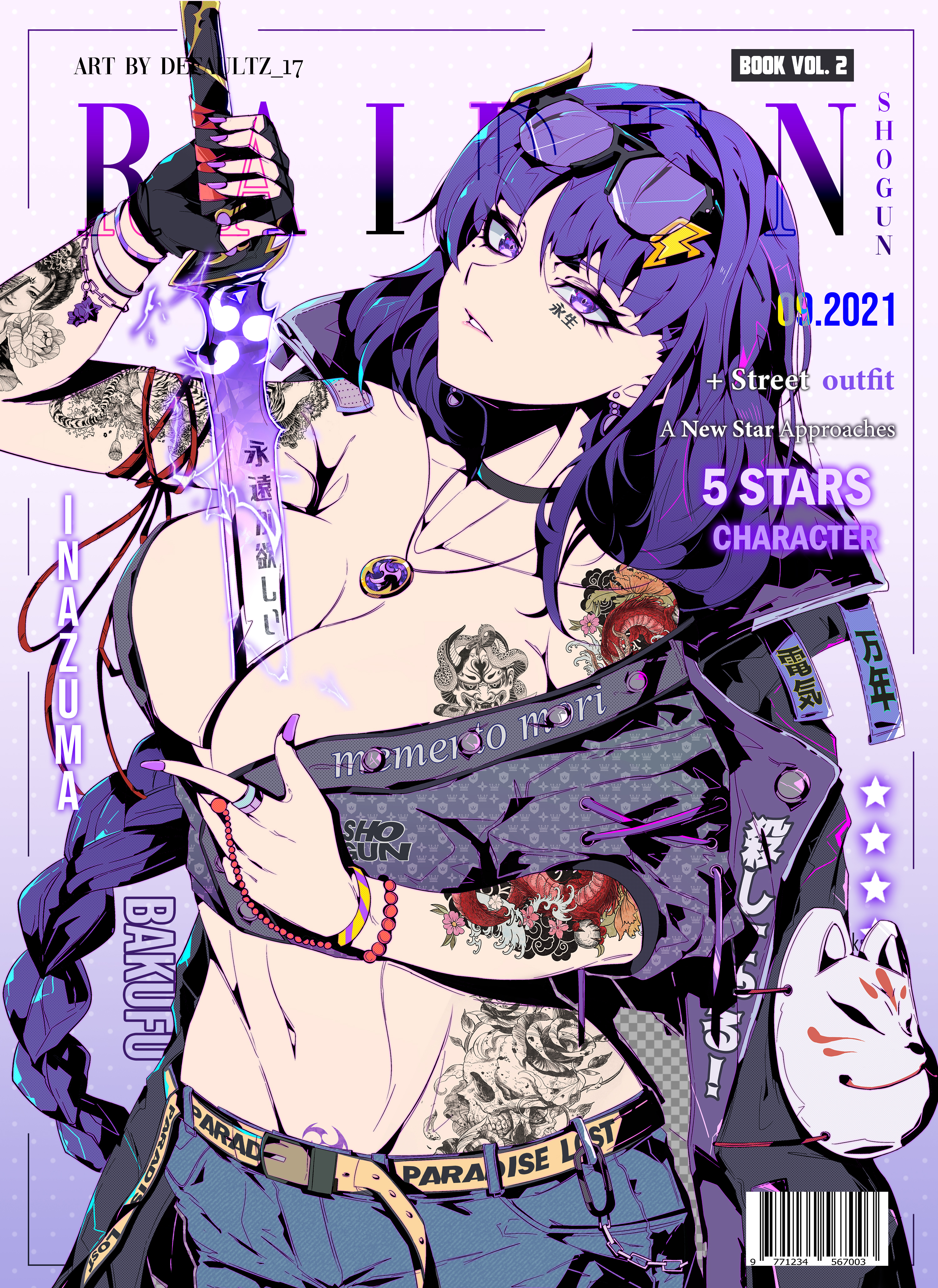 1girls, breasts, cleavage, defaultz 17, female, female only, genshin impact, large breasts, looking at viewer, magazine cover, pubic tattoo, purple eyes, purple hair, raiden shogun, revealing clothes, skimpy, solo, streetwear, tattoo, tattooed arm, tattoos