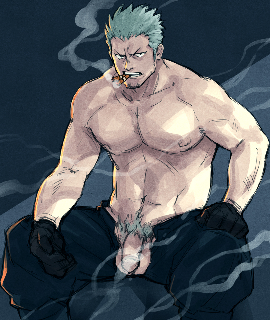 1boy 329 abs bad_id bad_pixiv_id bara big_pecs black_gloves black_pants cigar dilf facial_hair flaccid frown gloves human human_only large_pectorals light-skinned_male light_skin long_sideburns looking_at_viewer male male_chest male_focus male_only male_pubic_hair manly mature mature_male muscle muscles muscular muscular_male navel navel_hair nipples one_piece open_pants pants pecs pectorals penis pubic_hair short_hair sideburns sitting smoke smoker_(one_piece) smoking solo solo_focus solo_male spiked_hair stomach thick_thighs thighs topless_male