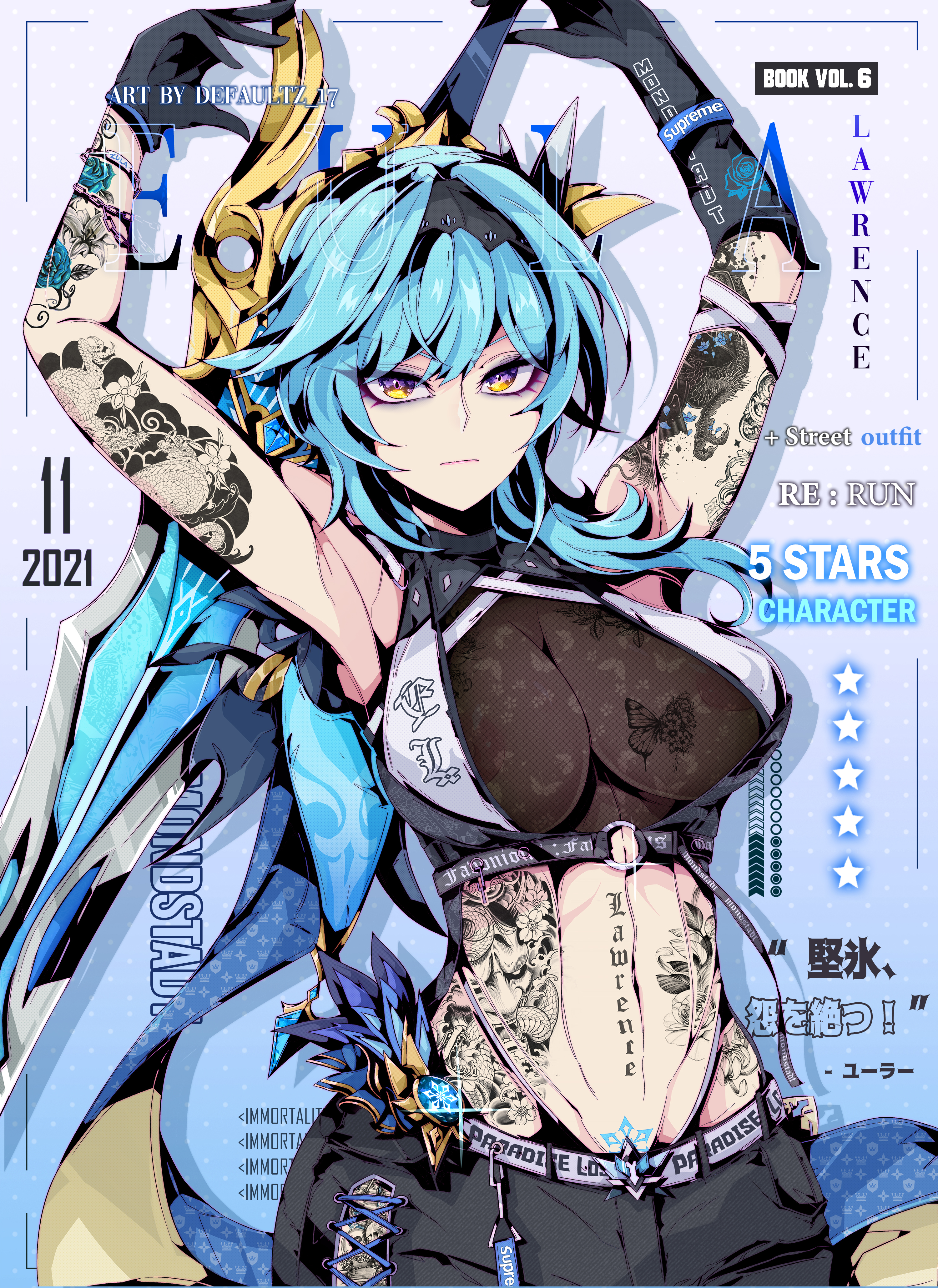 1girls, 2021, areola slip, areolae, blue hair, breasts, cleavage, defaultz 17, eula (genshin impact), female, female only, genshin impact, gradient eyes, hair ornament, human, magazine cover, nipples visible through clothing, pubic tattoo, solo, solo female, streetwear, tattoo, tattoos