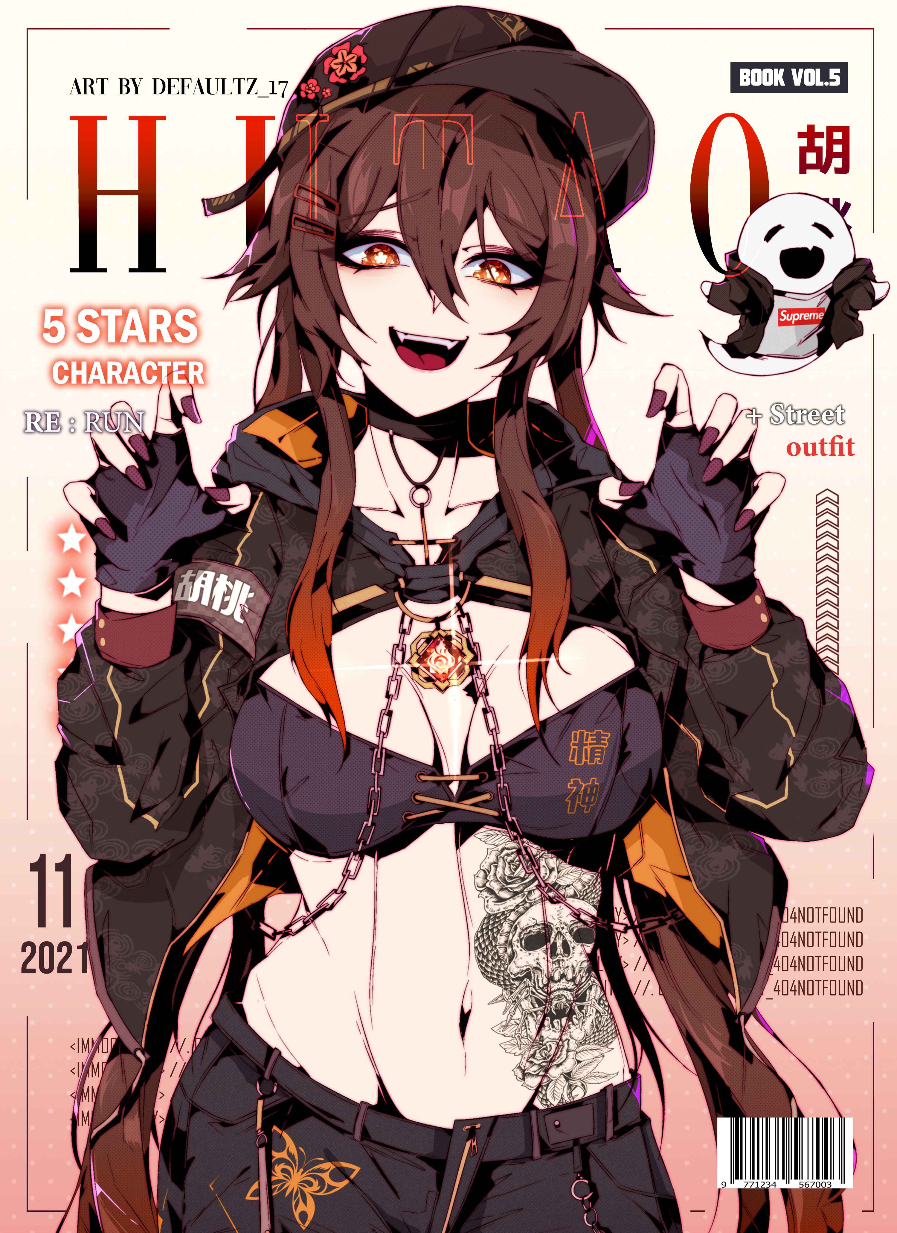 1girls, breasts, chains, cleavage, defaultz 17, female, female only, genshin impact, gradient hair, hu tao (genshin impact), human, looking at viewer, magazine cover, necklace, red eyes, revealing clothes, solo, solo female, streetwear, supreme, tattoo, tattoos