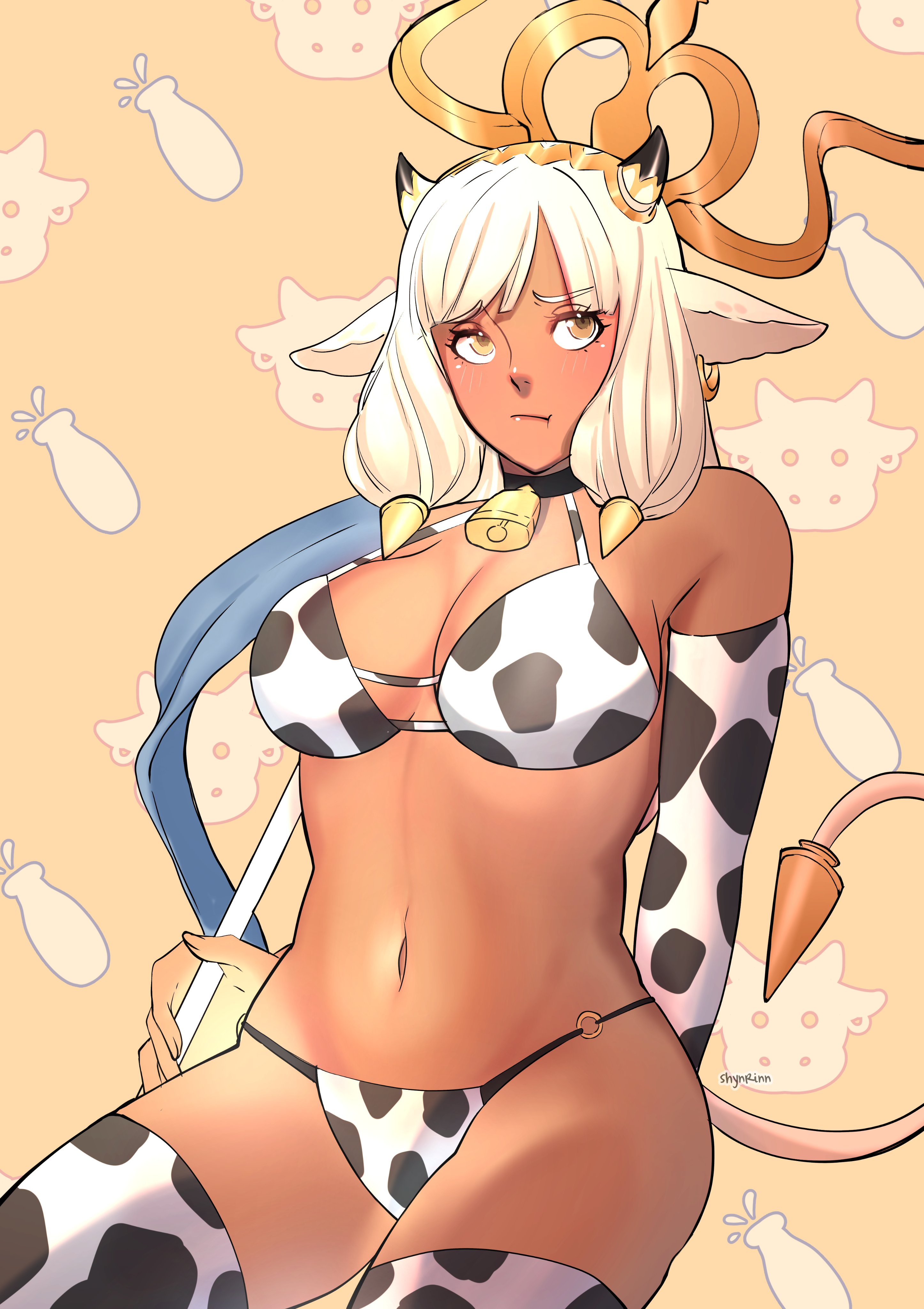 1girls, absurdres, animal ears, animal print, ash (fire emblem), bell, bikini, black horns, brown eyes, choker, cow ears, cow girl, cow horns, cow print, cowbell, cowboy shot, dark skin, dark-skinned female, ear piercing, elbow gloves, female, female only, fire emblem, fire emblem heroes, gloves, highres, holding, holding staff, horns, navel, nintendo, piercing, pout, pouty lips, shynrinn, silver hair, staff, swimsuit, thighhighs, year of the ox