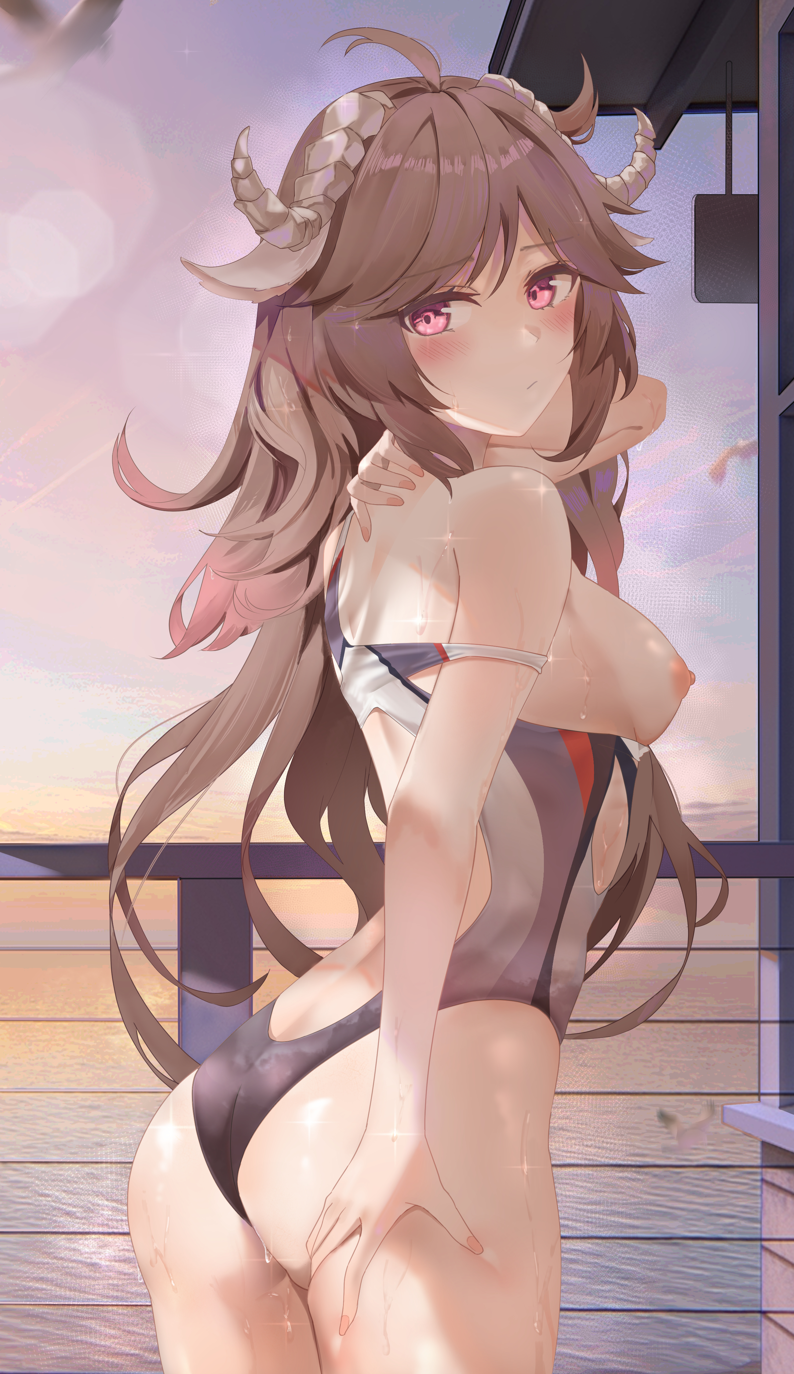 1girls, ahoge, areolae, arknights, ass, ass grab, bare back, bare shoulders, big ass, blush, breasts, breasts out, brown hair, embarrassed, exposed breasts, eyjafjalla (arknights), female, female only, fence, hand on neck, highres, horns, legs, long hair, looking back, medium breasts, nipples, ocean, one-piece swimsuit, pink eyes, ru zhai, shy, solo, sunset, swimsuit, swimwear, tagme, wet