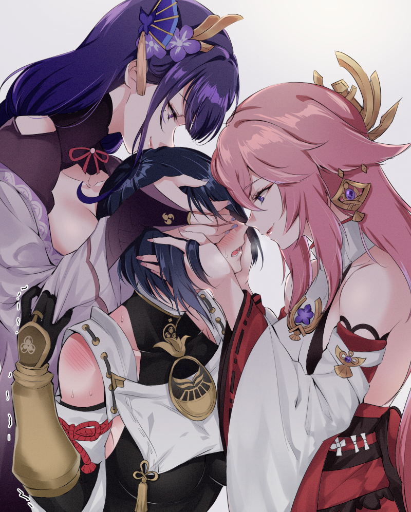 3girls absurdres bangs blush breasts covering_eyes genshin_impact hair_ornament highres holding_head huge_breasts kujou_sara large_breasts lesbian long_hair looking_at_partner looking_down looking_pleasured negom pink_hair plain_background pleasure_face purple_eyes purple_hair raiden_shogun short_hair shoulders simple_background smile white_background yae_miko yuri