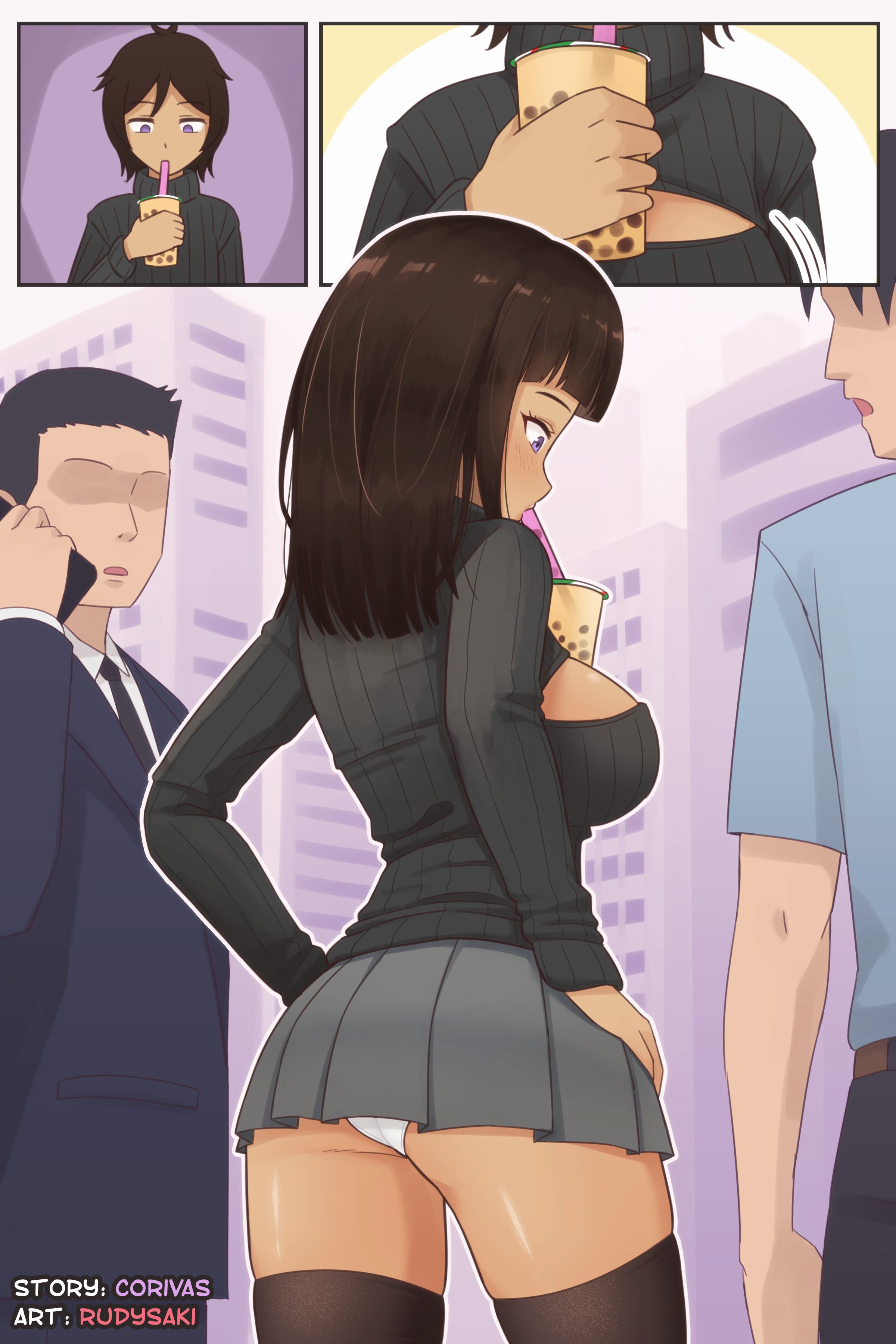 ass, before and after, being watched, boob window, breast expansion, breast growth, breast growth (enlargement), breasts, clothed female, corruption, female, gender transformation, genderswap, genderswap (mtf), hair growth, large ass, large breasts, mtf transformation, panties, panty peek, rudy saki, rule 63, thighs, transformation, white panties