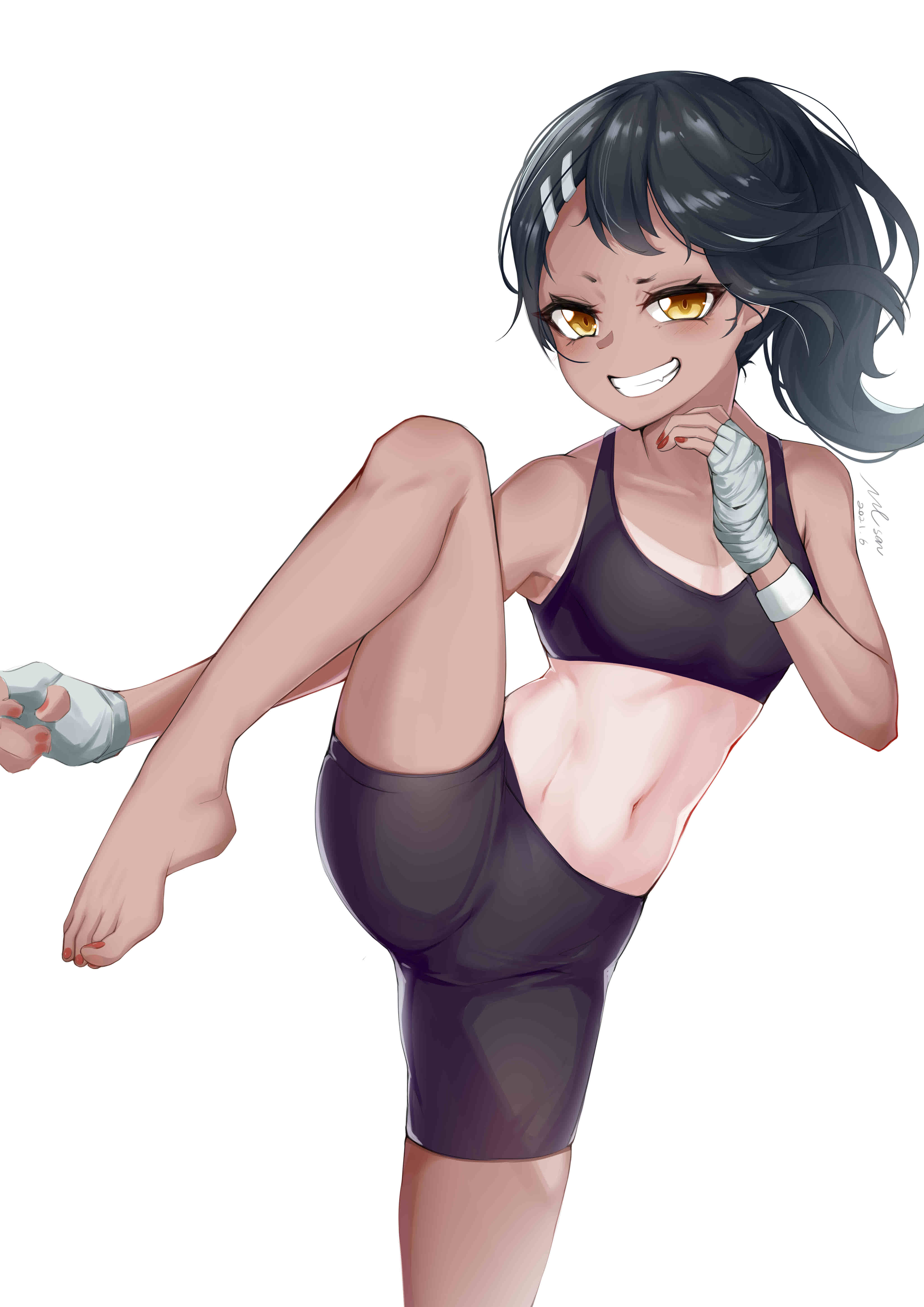1girls, bike shorts, black hair, breasts, brown eyes, clothed, clothing, female, female focus, female only, hayase nagatoro, hi res, long hair, looking at viewer, navel, please don't bully me, nagatoro, pose, revealing clothes, simple background, skinny, small breasts, solo, spread legs, sue yanagi-san, tanline, tanned, watermark, white background