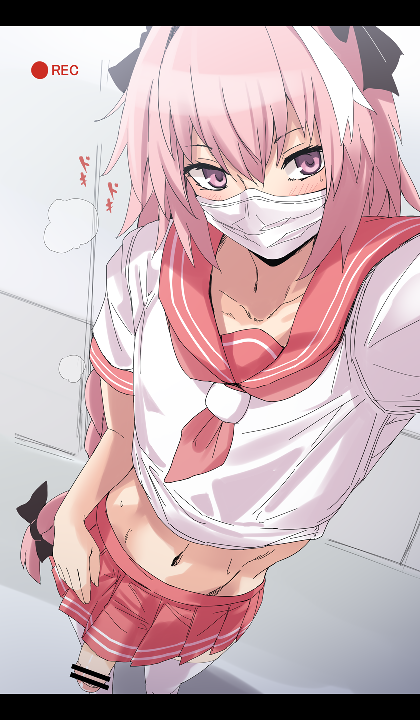 1boy astolfo_(fate) bangs bar_censor blush bow braid braided_ponytail censored crop_top fate/apocrypha fate/grand_order fate_(series) femboy gachou girly hair_intakes hairbow highres hung_trap long_hair looking_at_viewer male male_focus male_only mask midriff mouth_mask multicolored_hair neckerchief otoko_no_ko penis pink_hair pink_neckwear pink_sailor_collar pink_skirt purple_eyes sailor_collar school_uniform serafuku shirt short_sleeves skirt solo streaked_hair thighhighs thighs trap white_hair white_legwear white_shirt