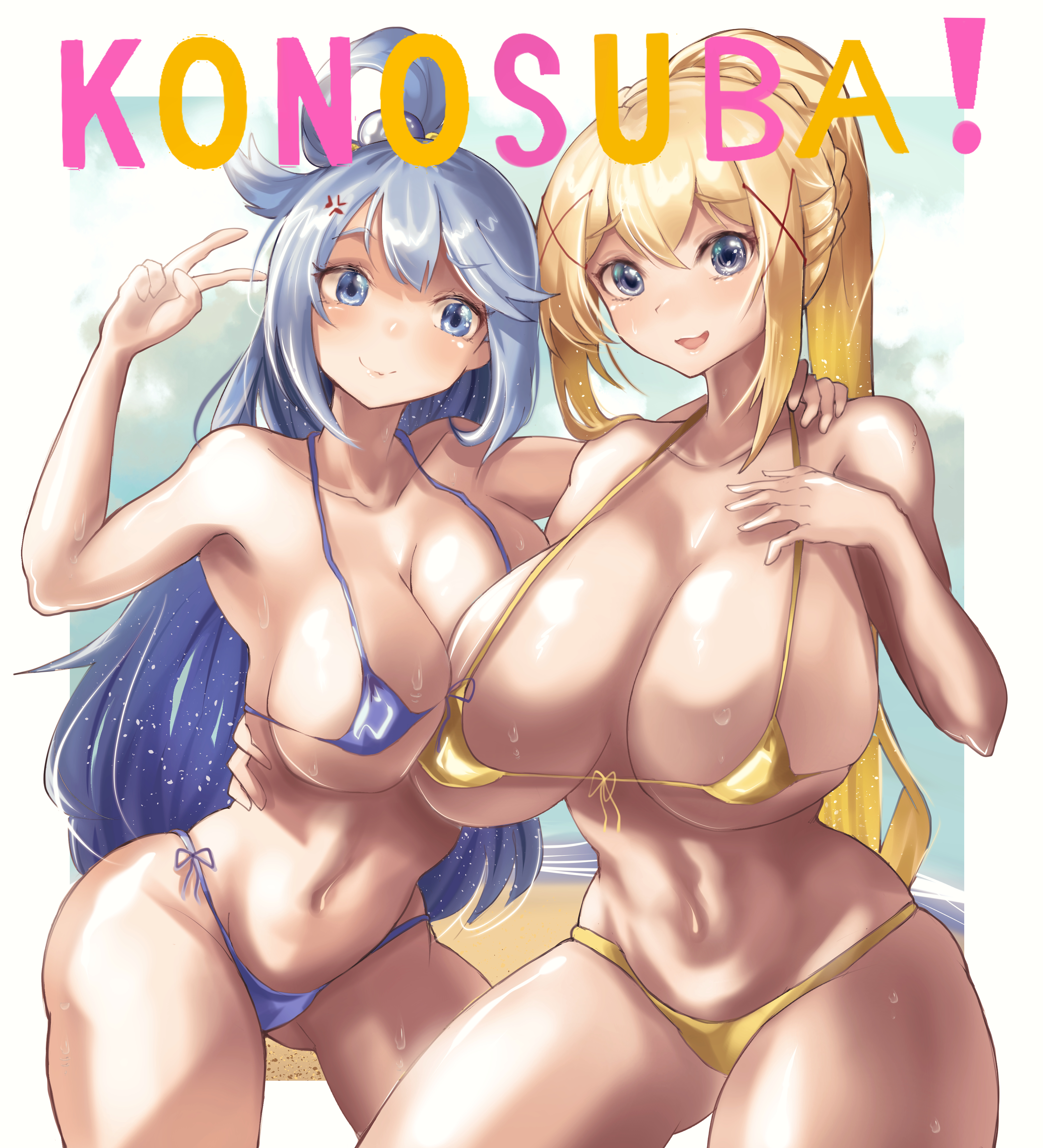 2girls, angry, aqua (konosuba), beach, bikini, blonde hair, blue eyes, blue hair, blue swimsuit, blush, breast envy, breasts, cleavage, darkness (konosuba), eipelppa, female, hair ornament, huge breasts, iepelppa, iparuputsua, ipelppa, kono subarashii sekai ni shukufuku wo!, looking at viewer, micro bikini, multiple females, multiple girls, open mouth, outdoors, ponytail, smile, swimsuit, text, thick thighs, thighs, v, wet, wide hips, yellow swimsuit