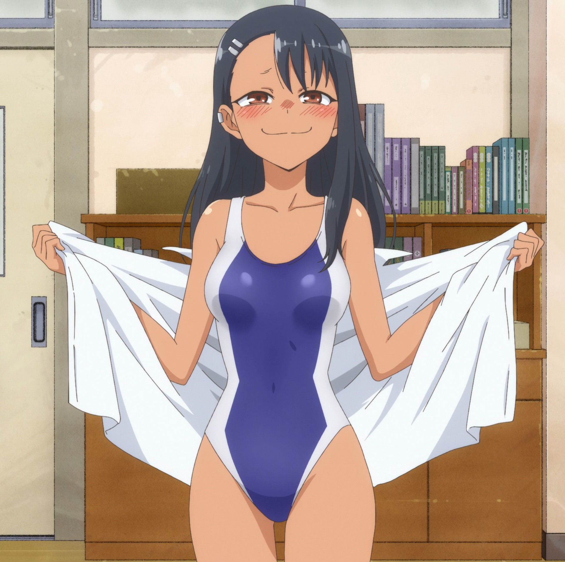 1girls, 774 (nanashi), black hair, blush, brown eyes, clothed, clothing, female, female focus, female only, flashing, happy, hayase nagatoro, hi res, long hair, looking at viewer, please don't bully me, nagatoro, pose, revealing clothes, screencap, screenshot, simple background, skinny, smile, smug, solo, swimsuit, tanline, tanned