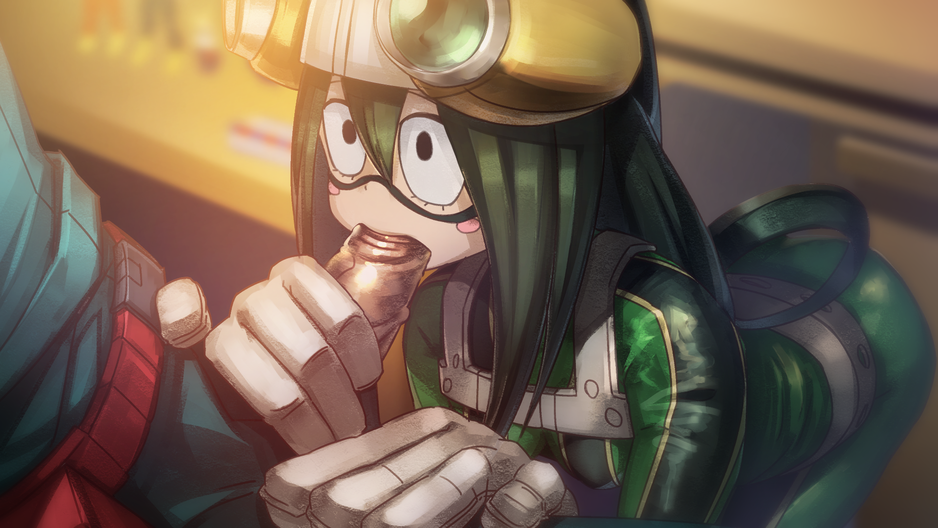 1boy, 1girls, big penis, blowjob, bodysuit, fellatio, female, gloved handjob, gloves, green hair, green-haired female, hand on penis, handjob, hero outfit (mha), izuku midoriya, long hair, male, my hero academia, oral, penis, shibayamamohu, shiny skin, tsuyu asui, unzipped pants, veiny penis