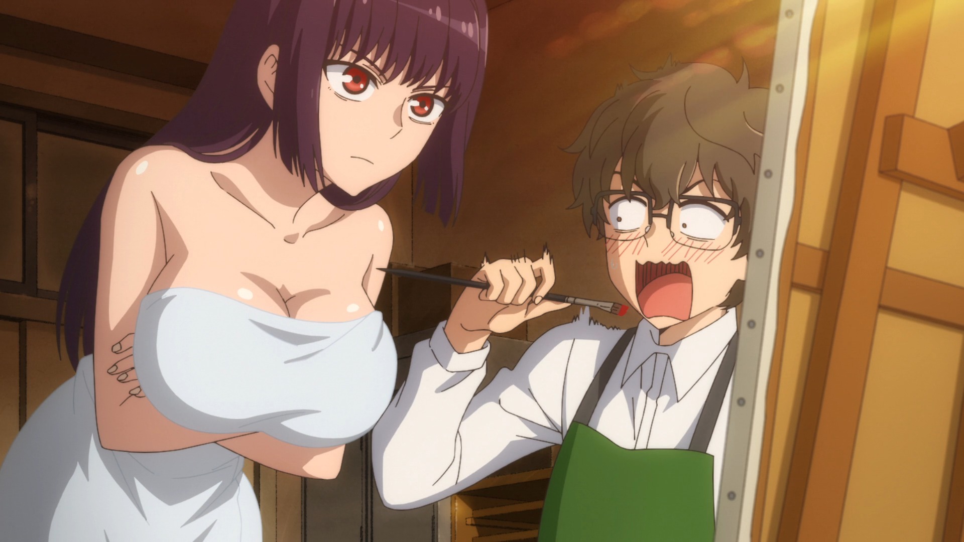 1boy, 1girls, 774 (nanashi), big breasts, breasts, brown eyes, classroom, cleavage, clothed, clothing, curvy, female, glasses, long hair, male, naoto hachioji (senpai), please don't bully me, nagatoro, president (nagatoro), purple hair, red eyes, revealing clothes, sana sunomiya, schoolgirl, screencap, screenshot, shocked, short hair, simple background, thin waist, wide hips