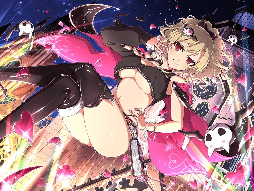 1girls bare_thighs beauty_mark blonde_hair breasts crossed_legs female_only large_breasts long_nails mole mole_under_mouth nail_polish pink_nails red_eyes senran_kagura shiki_(senran_kagura) short_hair smile solo thighs underboob v yaegashi_nan