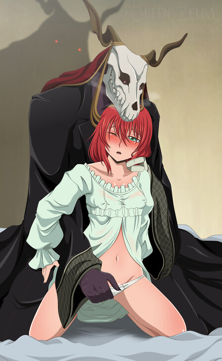 blush canon_couple elias_ainsworth fingering_partner fingering_self groping_from_behind hatori_chise interspecies mahoutsukai_no_yome nightshirt nipples_visible_through_clothing partially_clothed queen-zelda red_hair removing_panties straight the_ancient_magus_bride