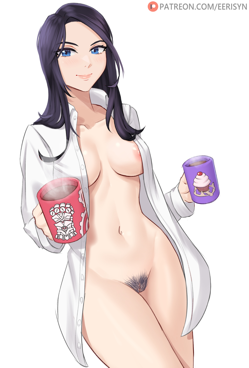 1girls areolae big_breasts blue_eyes bottomless breasts caitlyn_kiramman coffee coffee_cup eerisyn eye_contact female happy_female league_of_legends looking_at_viewer nipples pubic_hair pussy riot_games smile solo standing thick_thighs thighs thin_female white_background wide_hips