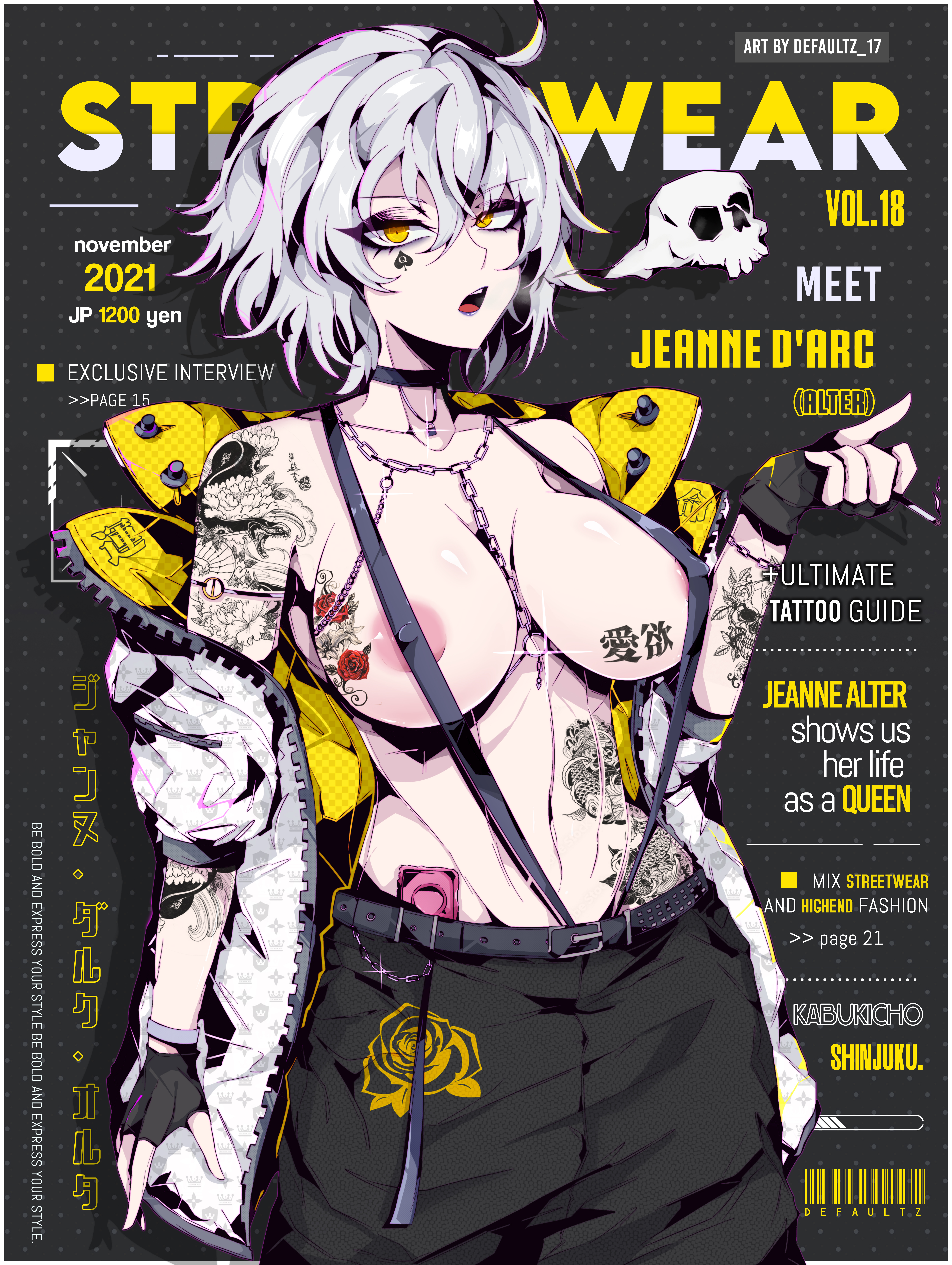 1girls, alternate hairstyle, areolae, breasts, defaultz 17, fate (series), fate/grand order, female, female only, gloves, human, jeanne alter, jeanne d'arc (alter) (fate), jeanne d'arc alter (fate), large breasts, looking at viewer, magazine cover, nipple bulge, nipples, queen of spades, solo, solo female, suspenders, tattoo, tattoos, text, tomboy, white hair, yellow eyes