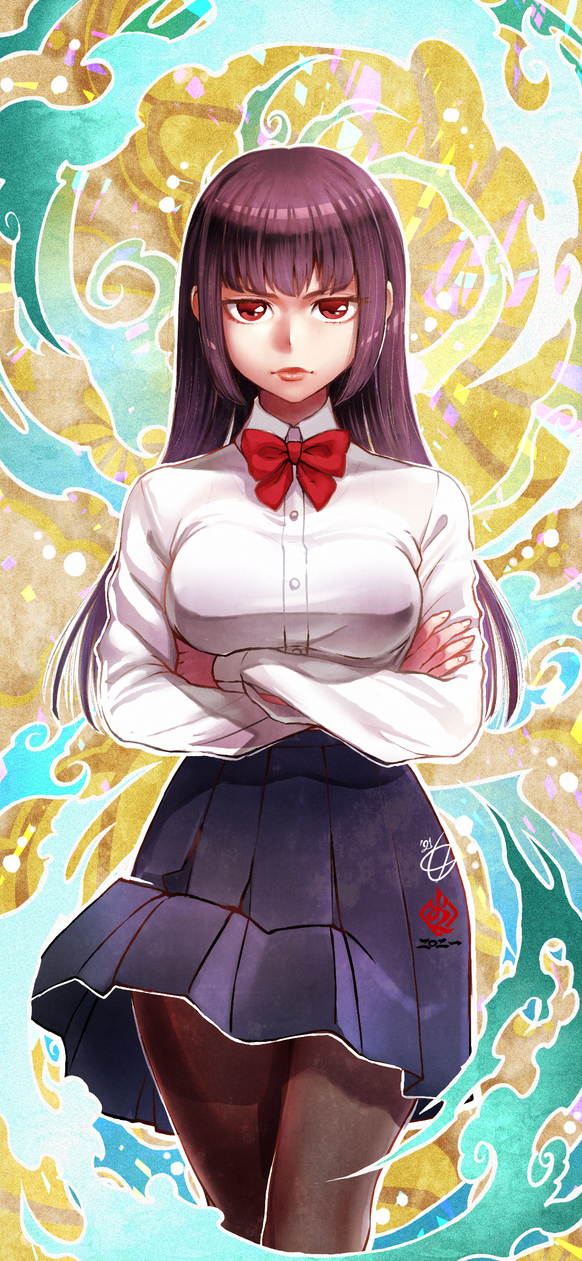 1girls, amaguchi chiyoko, big breasts, breasts, clothed, clothing, curvy, detailed background, female, female focus, female only, fully clothed, hi res, long hair, please don't bully me, nagatoro, pose, president (nagatoro), purple hair, red eyes, revealing clothes, sana sunomiya, skirt, solo, thin waist, upskirt, watermark, wide hips