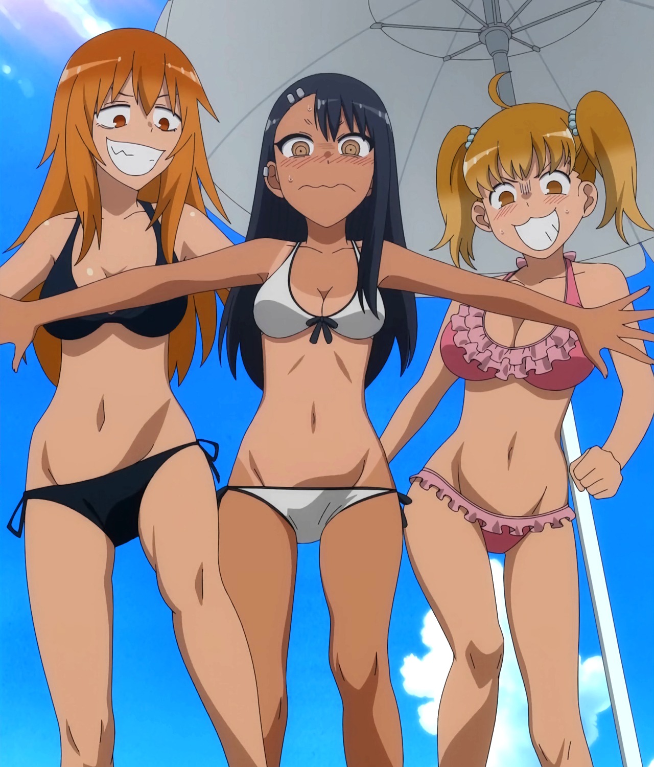 3girls, 774 (nanashi), beach, big breasts, bikini, black hair, blonde hair, blush, breasts, brown eyes, cleavage, clothed, clothing, curvy, female, female focus, female only, gamo-chan, hayase nagatoro, imminent rape, imminent sex, long hair, looking at viewer, medium breasts, medium hair, navel, orange eyes, orange hair, please don't bully me, nagatoro, public, revealing clothes, screencap, screenshot, smile, tanline, tanned, wide hips, yoshi (nagatoro)