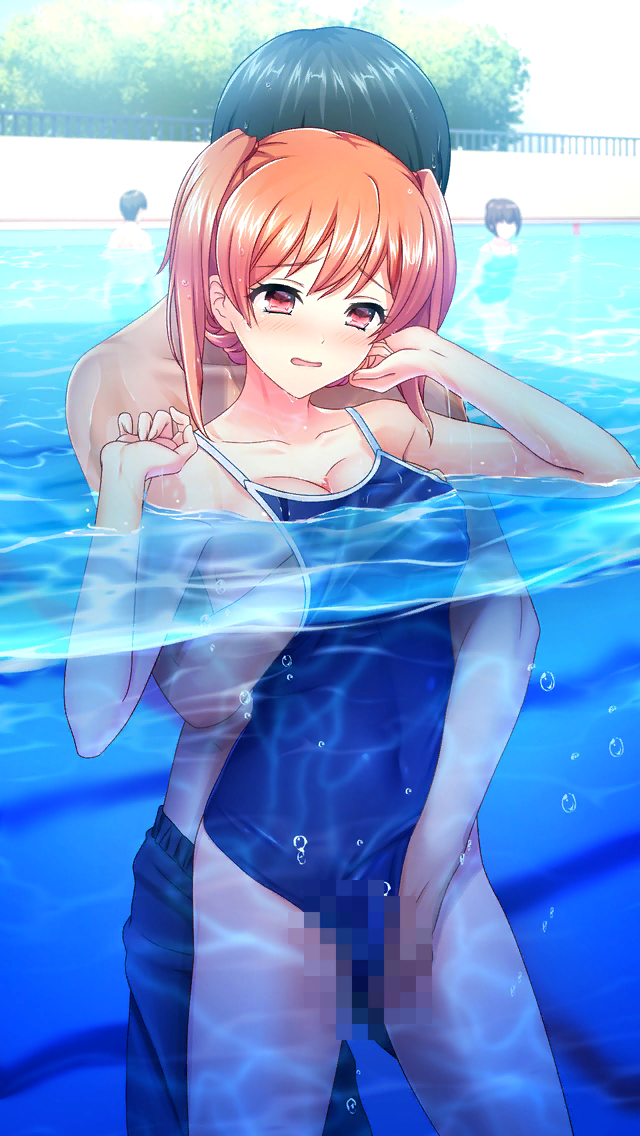 1boy bare_legs black_hair blue_swimsuit breast_grab breasts censored collarbone covered_navel day doukyuusei_another_world female fingering game_cg grabbing grabbing_from_behind hand_under_clothes hand_under_swimsuit large_breasts long_hair mosaic_censoring official_art open_mouth orange_hair outdoors partially_submerged pool public_indecency red_eyes school_swimsuit sendou_airi sex shiny shiny_hair stealth_sex straight swimsuit twintails wavy_mouth