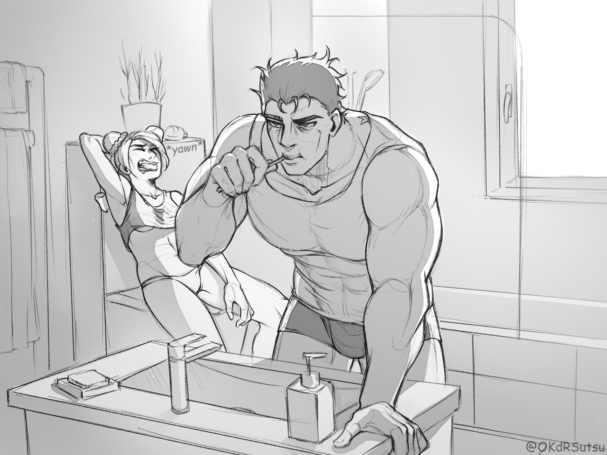 1boy, 1girls, bathroom, birthmark, boxers, braid, braided hair, brushing teeth, daughter, dilf, double bun, father, father and daughter, female, joestar birthmark, jojo's bizarre adventure, jolyne kujo, jotaro kujo, male, male/female, monochrome, muscular, muscular male, older male, panties, sink, stone ocean, toothbrush, topwear, underwear, window, yawn, yawning, younger female