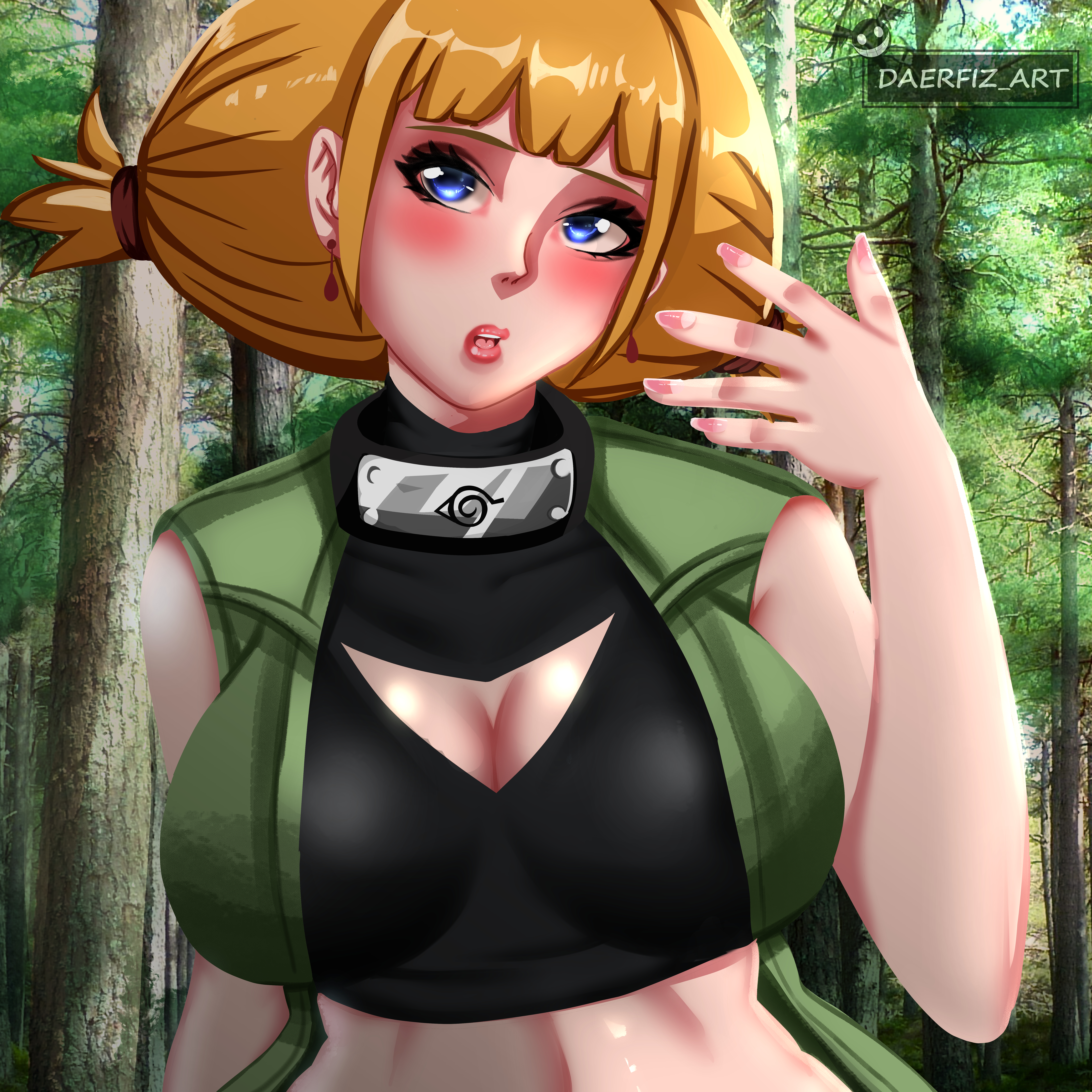 absurd res, alternate breast size, artist name, big breasts, blunt bangs, blush, boruto: naruto next generations, breast focus, breasts, busty, center opening, cleavage, crop top, cutout, daerfiz, detailed background, earrings, female, female only, forest, high collar, highres, huge breasts, jewelry, kazamatsuri moegi, light skin, light-skinned female, looking at viewer, mostly clothed, naruto, naruto (series), nature, no bra, open mouth, orange hair, outdoors, pinup, purple eyes, shiny, shiny hair, shiny skin, shirt, sidelocks, solo, solo focus, trees, twintails, upper body, very high resolution, vest, voluptuous, watermark, wide hips