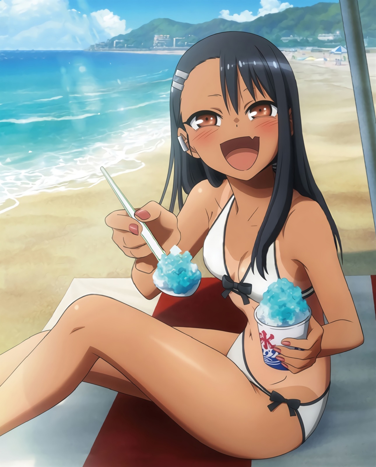 1girls, 774 (nanashi), beach, bikini, black hair, breasts, brown eyes, clothed, clothing, detailed background, female, female focus, female only, hayase nagatoro, hi res, ice cream, long hair, navel, open mouth, please don't bully me, nagatoro, revealing clothes, skinny, small breasts, smile, solo, tanline, tanned