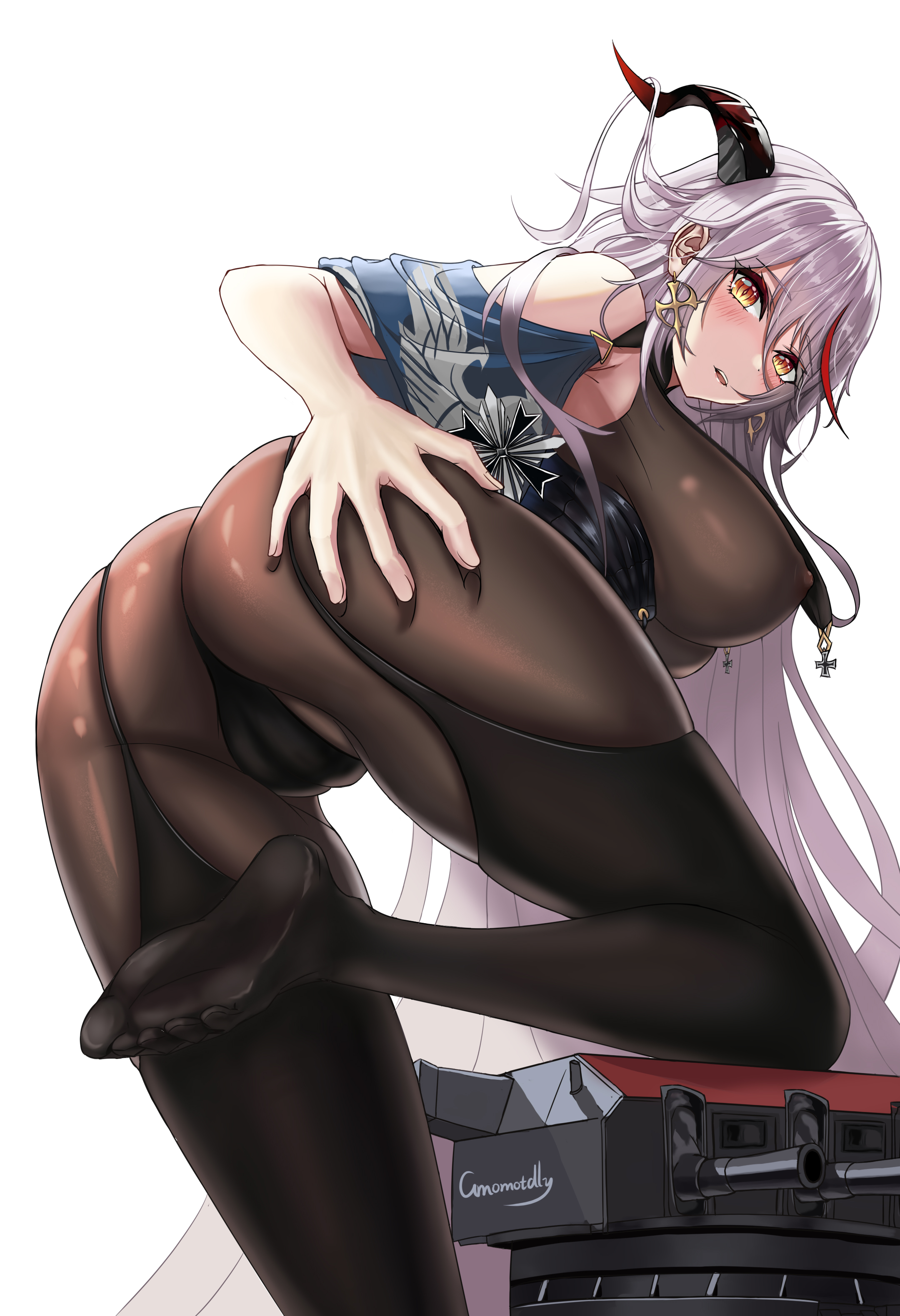 1girls, 2021, absurdly long hair, absurdres, aegir (azur lane), alternate version available, artist name, ass, ass grab, azur lane, bare shoulders, black legwear, black panties, bodystocking, breast curtains, breasts, covered nipples, cross, cross earrings, demon horns, earrings, female, female focus, female only, from behind, garter straps, gmomotdly, hair between eyes, hair on horn, hand on own ass, highres, horns, iron cross, jewelry, large breasts, long hair, looking at viewer, looking back, multicolored hair, panties, red hair, see-through, simple background, skindentation, solo, solo female, streaked hair, thighhighs, turret, underbust, underwear, very long hair, white background, white hair, yellow eyes