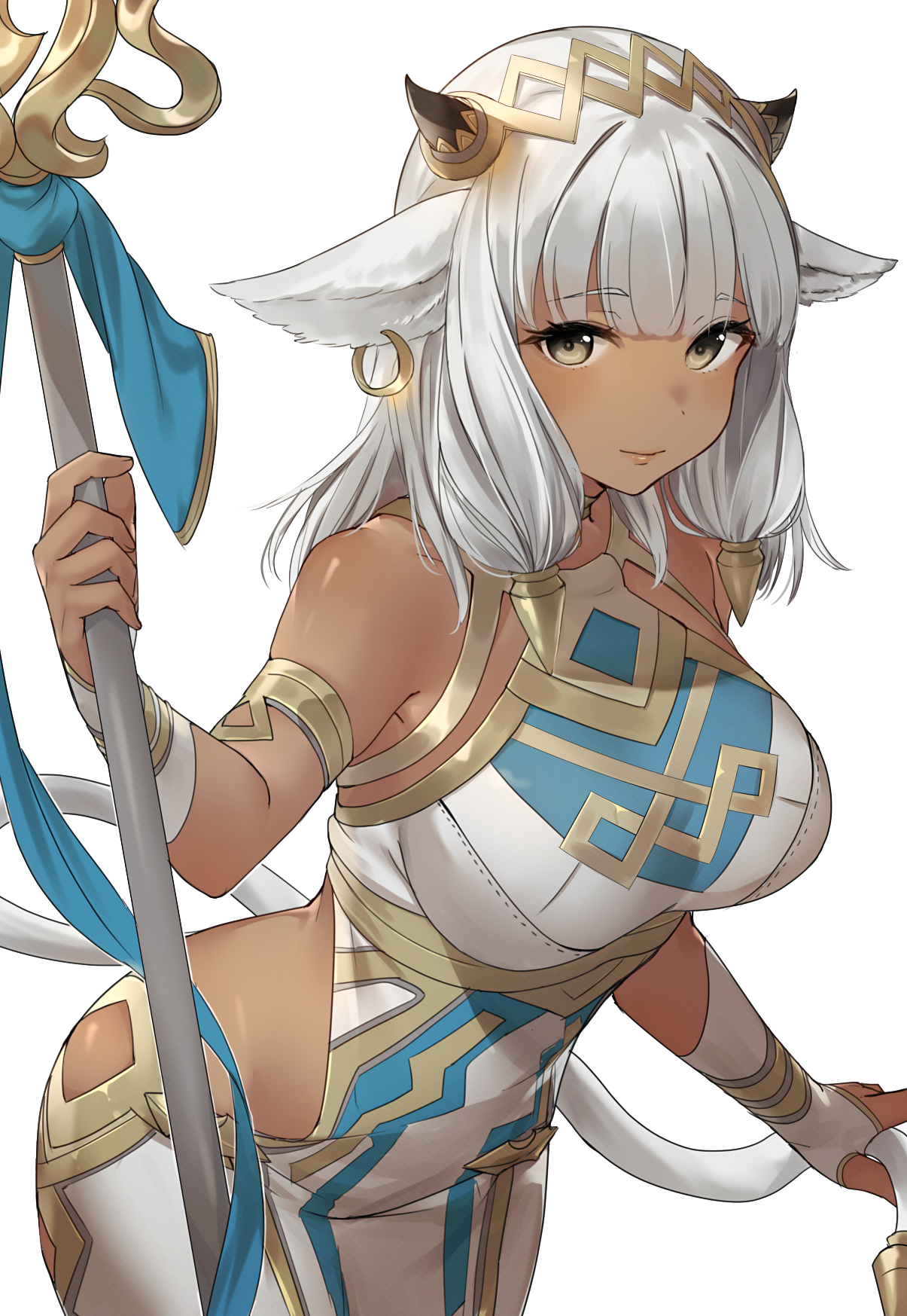 1girls, animal ears, ash (fire emblem), bare shoulders, bicep strap, black horns, breasts, brown eyes, cow ears, cow girl, cow horns, cowboy shot, dark skin, dark-skinned female, ear piercing, female, fire emblem, fire emblem heroes, gold trim, haru (nakajou-28), highres, holding, holding staff, horns, pelvic curtain, piercing, silver hair, sleeveless, solo, staff, white legwear