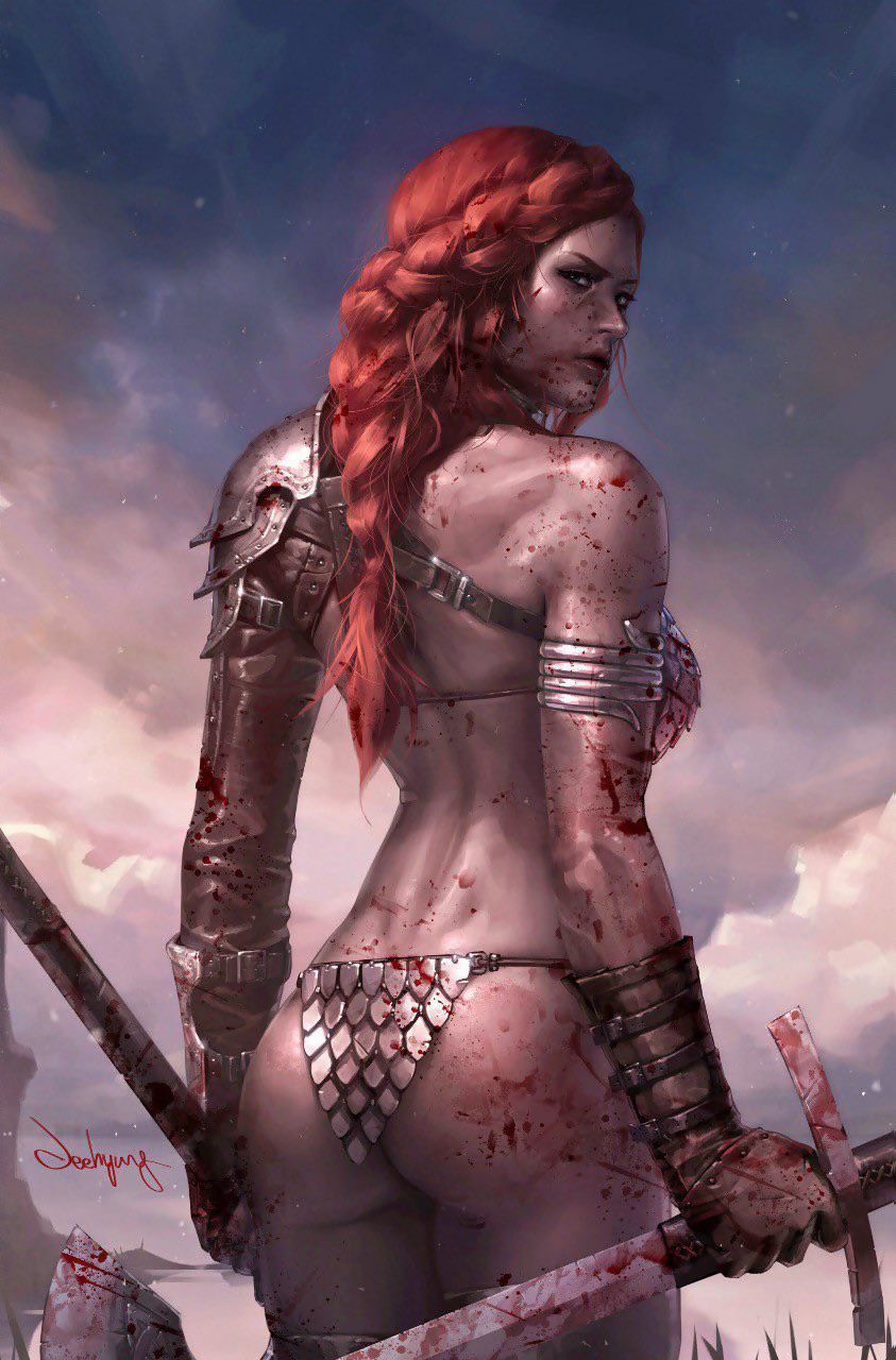 1girls, armor, ass, axe, back view, bikini armor, blood, blood stain, female, female only, gloves, jee-hyung lee, marvel, marvel comics, realistic, red hair, red sonja, sky, solo, solo female, sword, viking, weapon