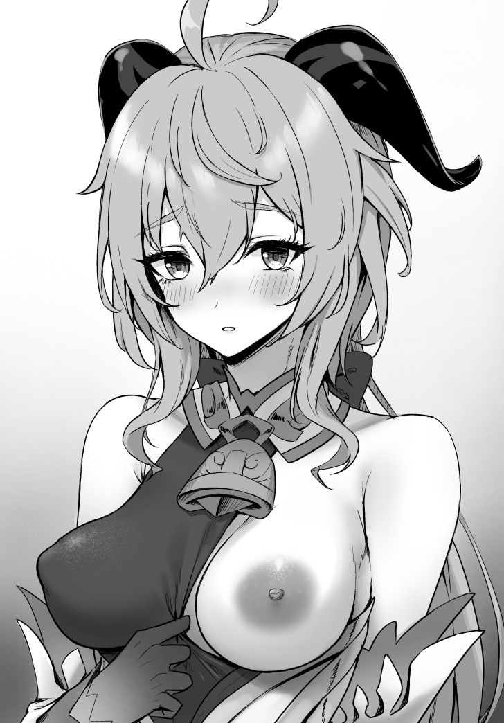 ahoge bangs bare_shoulders bell blush breasts clothes_pull clothes_tug curled_horns detached_sleeves eyebrows_visible_through_hair female ganyu_(genshin_impact) genshin_impact gloves gohei_(aoi_yuugure) greyscale horns long_hair looking_at_viewer medium_breasts monochrome neck_bell nipples one_breast_out sidelocks solo