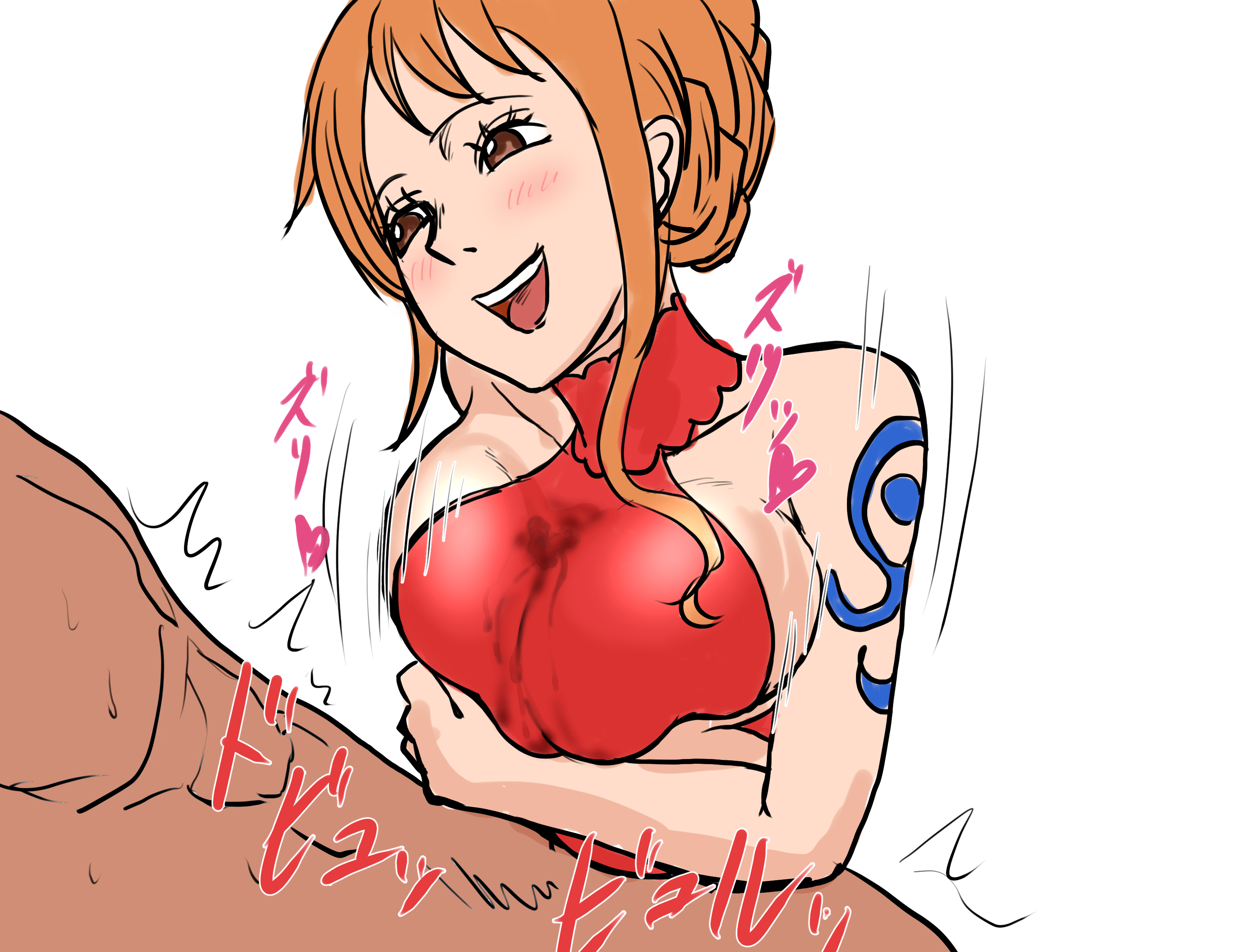 1girls, arm tattoo, big breasts, blush, boobjob, breasts, brown eyes, clothed, cum, cum stain, cum under clothes, eyelashes, female, hair bun, happy sex, head tilt, heart, huge breasts, iwao178, long hair, loving gaze, male, nami (one piece), nude, one piece, open mouth, orange hair, outercourse, paizuri, paizuri under clothes, penis, penis hug, red dress, sleeveless, sleeveless dress, smile, tattoo, titjob, turtleneck dress, white background, whole cake island