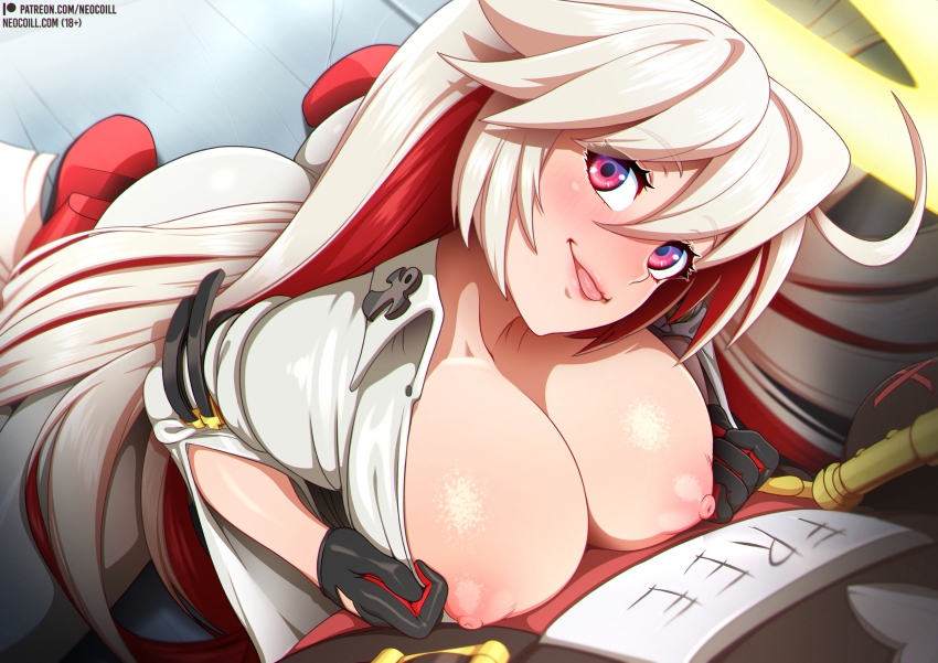 1boy breasts female gloves guilty_gear guilty_gear_xrd halo jack-o'_valentine large_breasts multicolored_hair neocoill nipples patreon_username pink_eyes red_hair sol_badguy tongue tongue_out white_hair