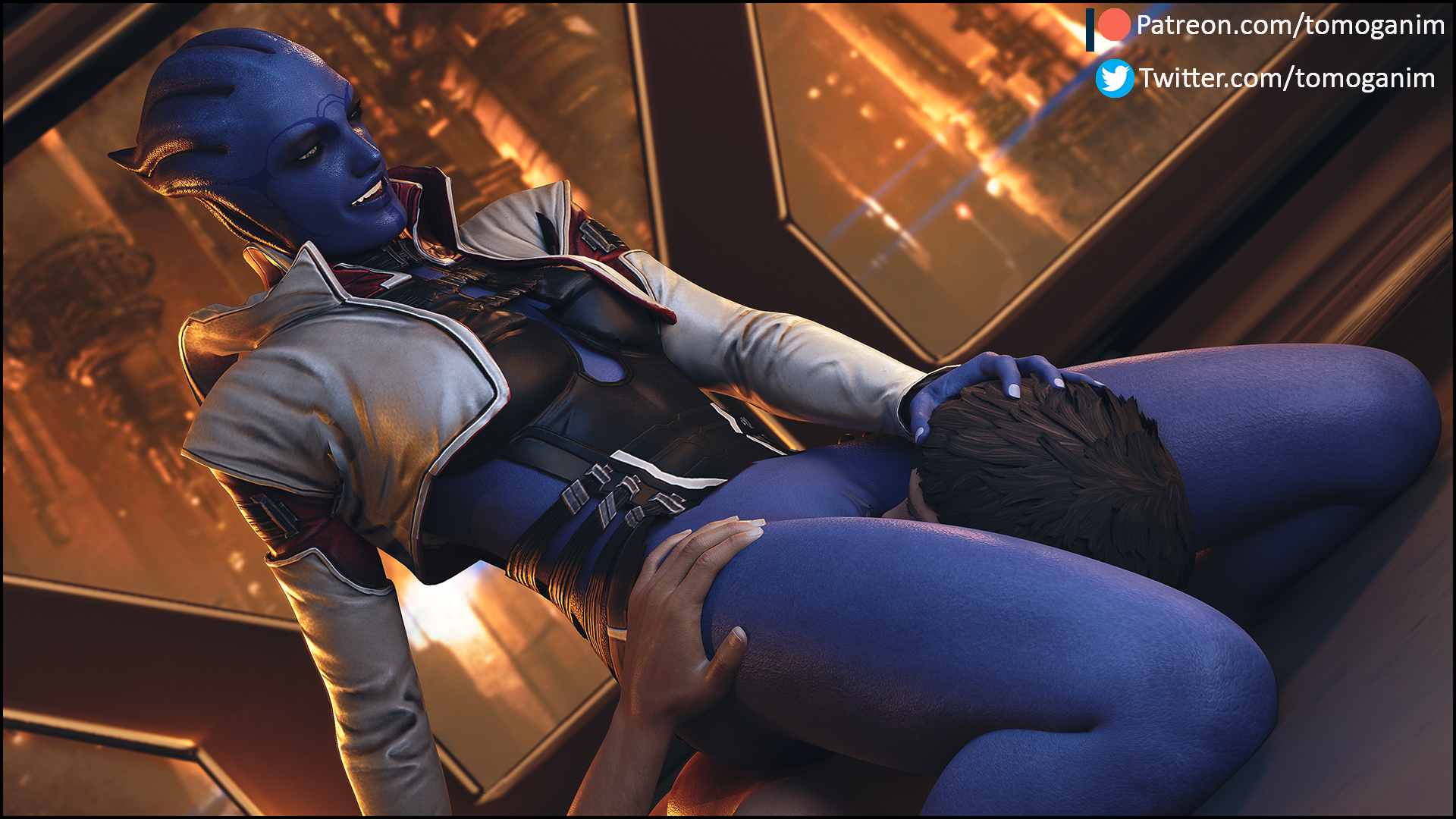 1boy, 1girls, 3d, alien, alien girl, aria t'loak, asari, blue skin, faceless male, facesitting, female, female on top, femdom, human, implied cunnilingus, interspecies, male, mass effect, older female, tomoganim