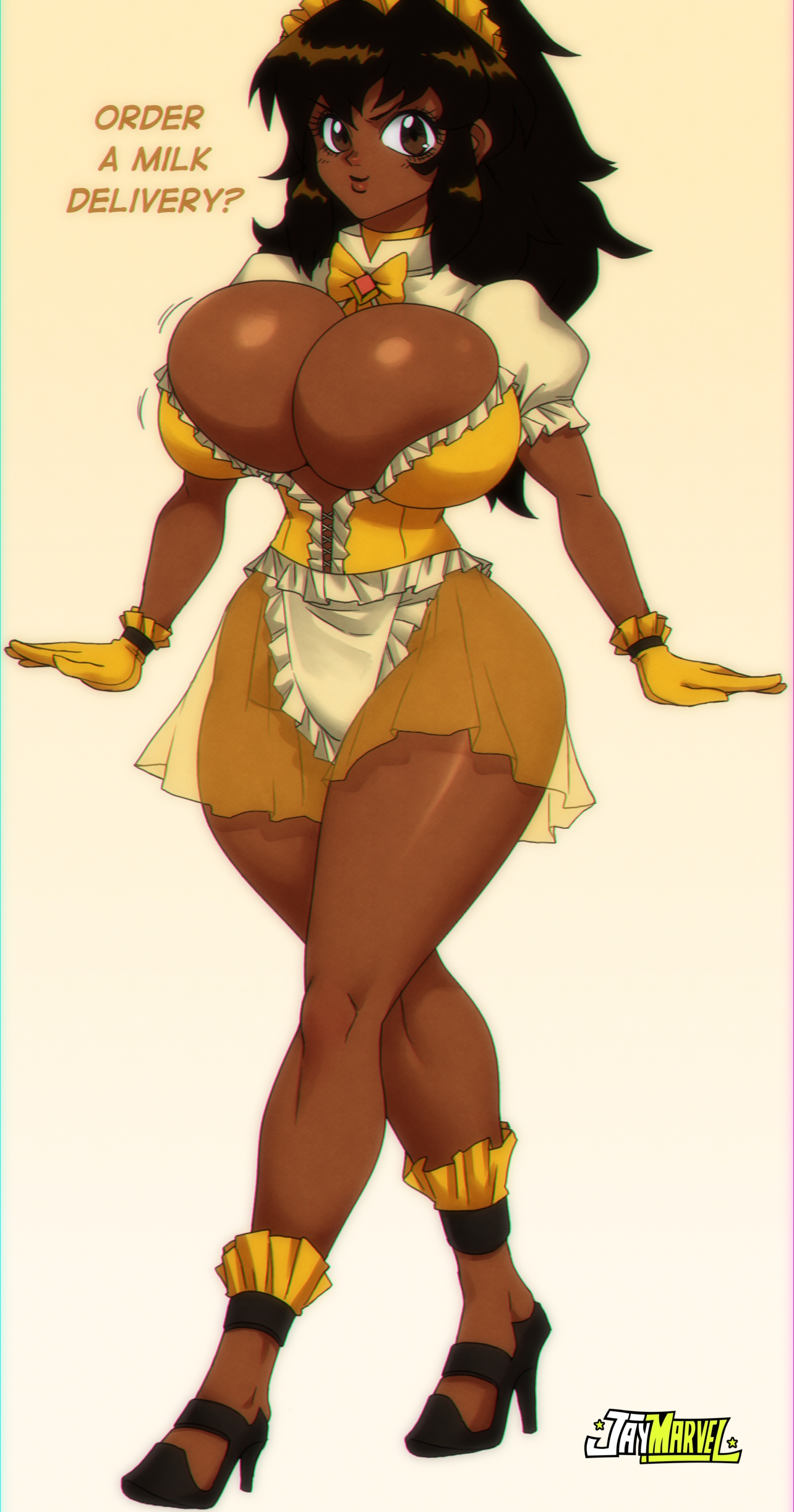 1girls, 2021, african female, big breasts, breasts, breasts out of clothes, brown eyes, brown hair, chocolate milkmaid, cleavage, corset dress, curvy, curvy female, curvy figure, dark skin, dark-skinned female, deep cleavage, english text, eye contact, female, female only, frilled dress, frills, full cleavage, fully clothed, gloves, headdress, heels, high heels, huge breasts, jay-marvel, jiggle, jiggling, jiggling breasts, large breasts, legs, looking at viewer, maid, maid headdress, maid uniform, medium hair, original, puffy sleeves, retro artstyle, sheer, sheer clothing, short skirt, skirt, smirk, solo, standing, text, thick, thick thighs, thighs, top heavy, wide hips, yellow clothing