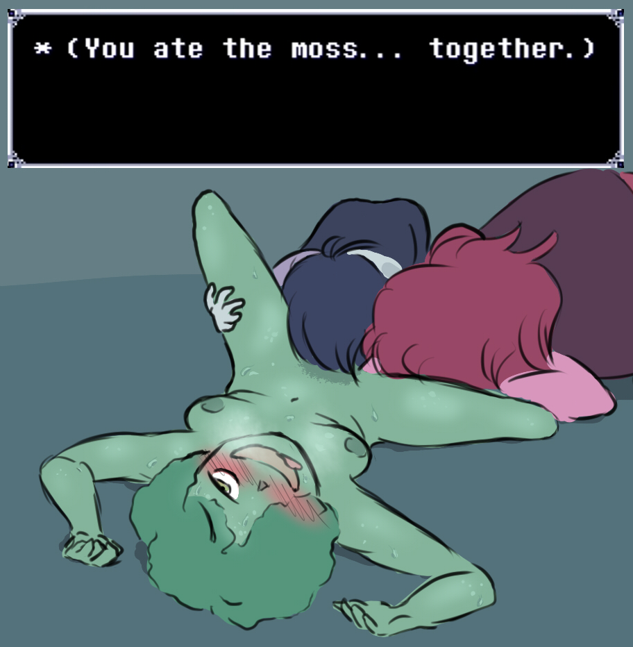 1boy, 2girls, anthro, anthro on anthro, bisexual, bisexual female, blush, cunnilingus, deltarune, dialogue, eating pussy, english text, female, female anthro, hands on thighs, human, human on anthro, kris (deltarune), laying down, male, male human/female anthro, moss, naked, naked female, petsusie, pussy, scalie, sharing, susie (deltarune), tagme, text, text bubble, yuri
