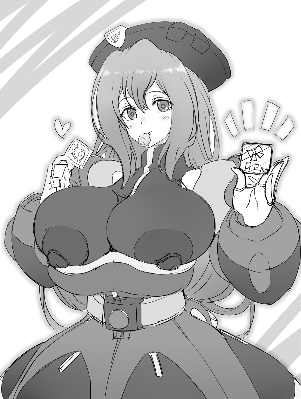 1boy areola areolae armor belt beret big_areolae big_breasts big_nipples black_and_white blush blush_lines breasts condom condom_in_mouth condoms desuroguma different_artstyle exposed_breasts female female_only female_solo heart holding_object huge_breasts inviting inviting_to_sex iris_(mega_man) long_hair looking_at_viewer mega_man mega_man_x mega_man_x_dive nipples nipples_visible_through_clothing ponytail reploid robot robot_girl seductive seductive_look skirt smile smiling smiling_at_viewer solo solo_focus tagme