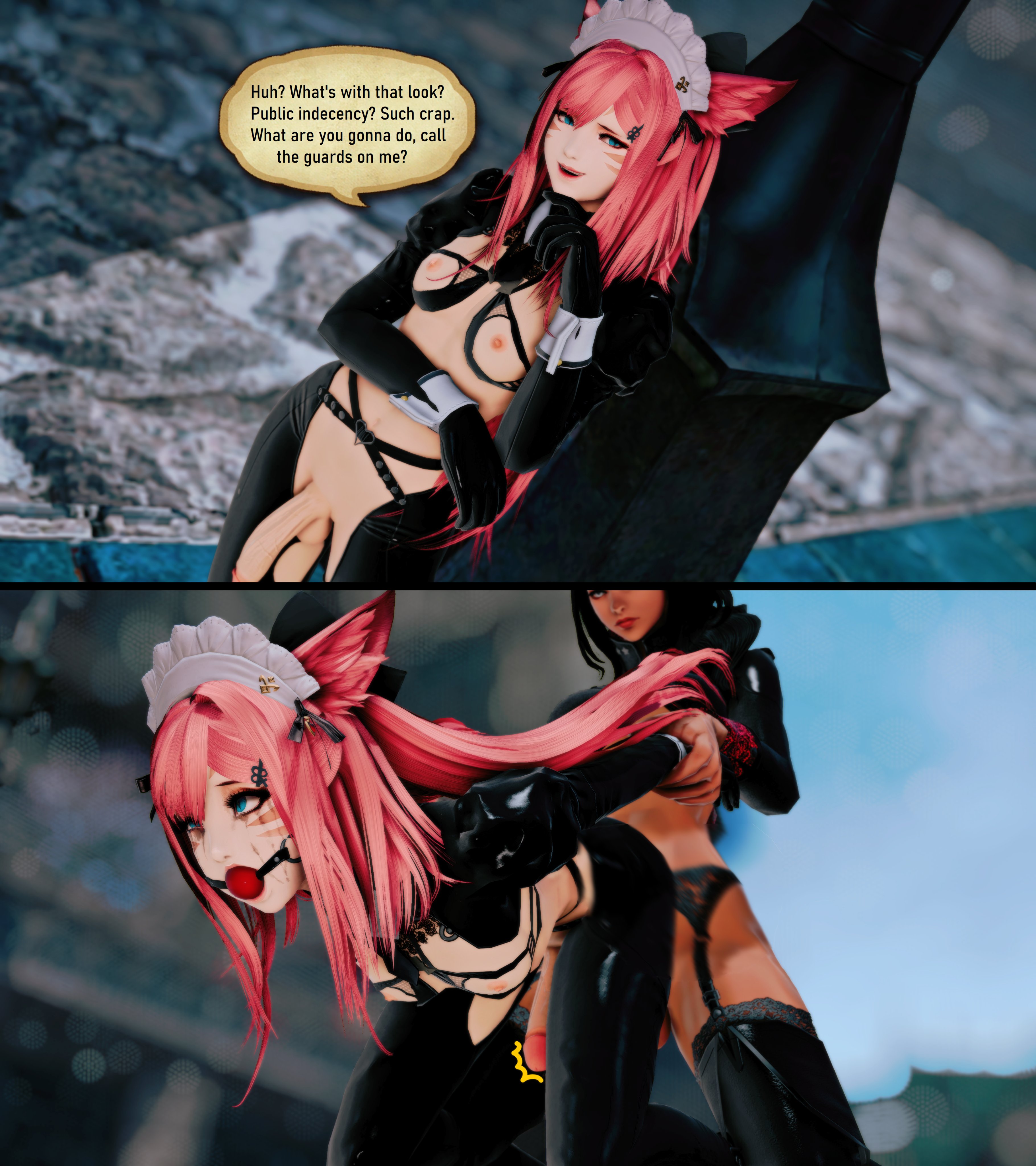 2futas, 2koma, 3d, ahe gao, animal ears, ball gag, black hair, blue eyes, breasts, duo, final fantasy, final fantasy xiv, futa on futa, futa only, futanari, garter belt, hands behind back, human, humanoid, humanoid penis, instant loss, instant loss 2koma, intersex, kemonomimi, latex, light skin, light-skinned futa, miqo'te, pale skin, penetration, penis, pink catto, pink hair, public nudity, public sex, punishment, runny makeup, small breasts, solo focus, standing, stockings, tears, viera