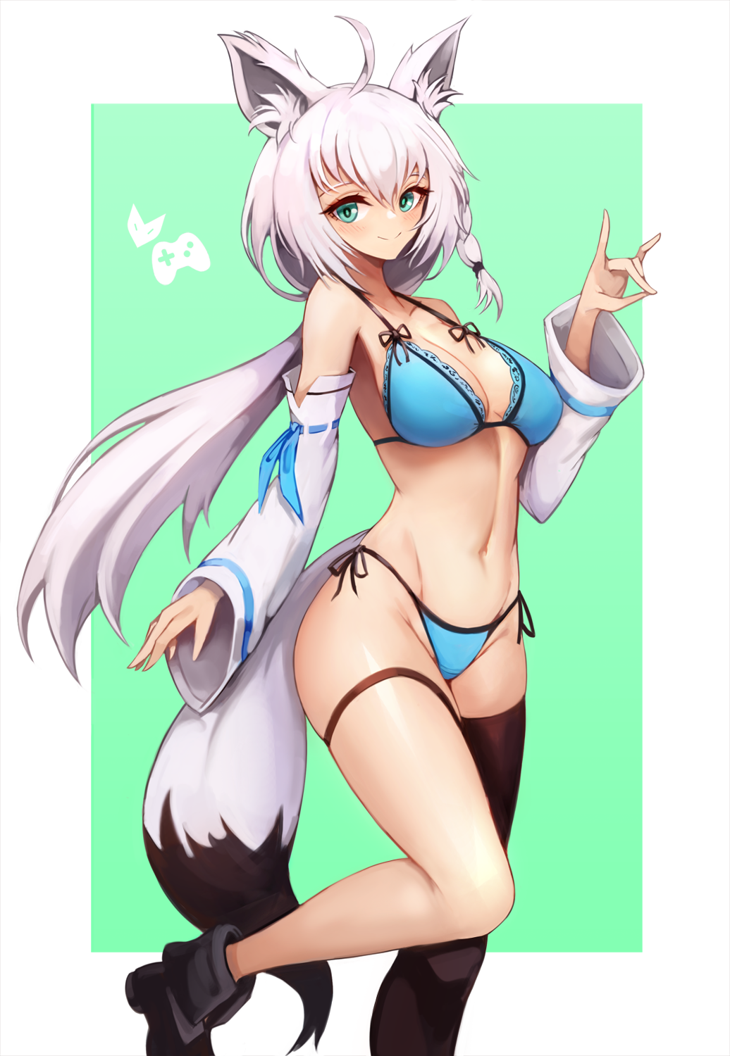 ahoge animal_ear_fluff animal_ears bangs bikini black_footwear blue_bikini braid breasts brown_legwear cleavage closed_mouth collarbone commentary detached_sleeves female fox_ears fox_girl fox_shadow_puppet fox_tail green_background green_eyes groin hair_between_eyes hand_up highres hololive hololive_gamers hololive_gen_1 hololive_japan large_breasts long_hair long_sleeves looking_at_viewer low_ponytail navel notte_(artist) ribbon-trimmed_sleeves ribbon_trim shiny shiny_skin shirakami_fubuki side-tie_bikini side_braid sidelocks single_braid single_thighhigh smile solo standing standing_on_one_leg stomach string_bikini swimsuit tail thigh_strap thighhighs very_long_hair virtual_youtuber white_hair