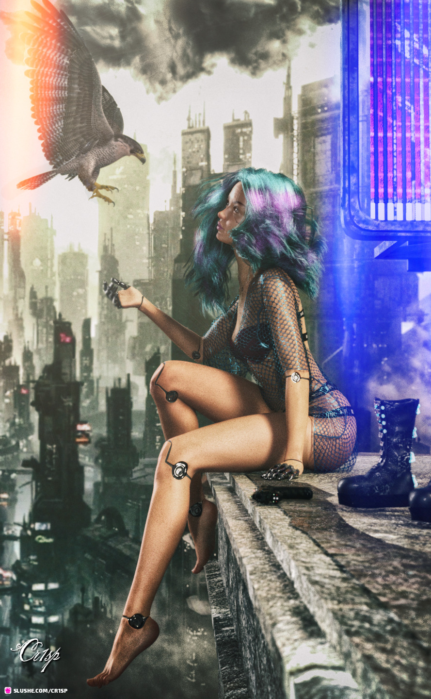 1girls 3d blue_hair bra city_background cr1sp cyberpunk cyborg female female_only fishnet_dress fishnet_shirt fishnets gun ledge long_hair on_ledge outdoor outdoors outside pinup robot robot_girl robot_joints sci-fi science_fiction seated side_view sitting sitting_on_ledge slushe_(website) small_breasts solo solo_female