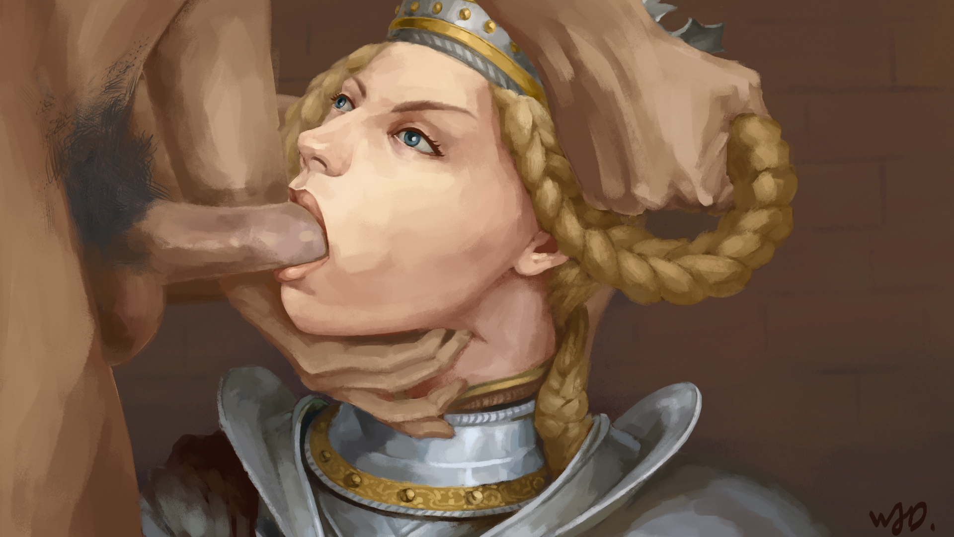1boy, 1girls, armor, blonde hair, blowjob, clothed female nude male, fellatio, female, female focus, hair grab, male, nude, nude male, oral, oral penetration, pathfinder, pathfinder wrath of the righteous, penis, pubic hair, queen galfrey, royalty, tagme, throat fuck, throat grab, unseen male face