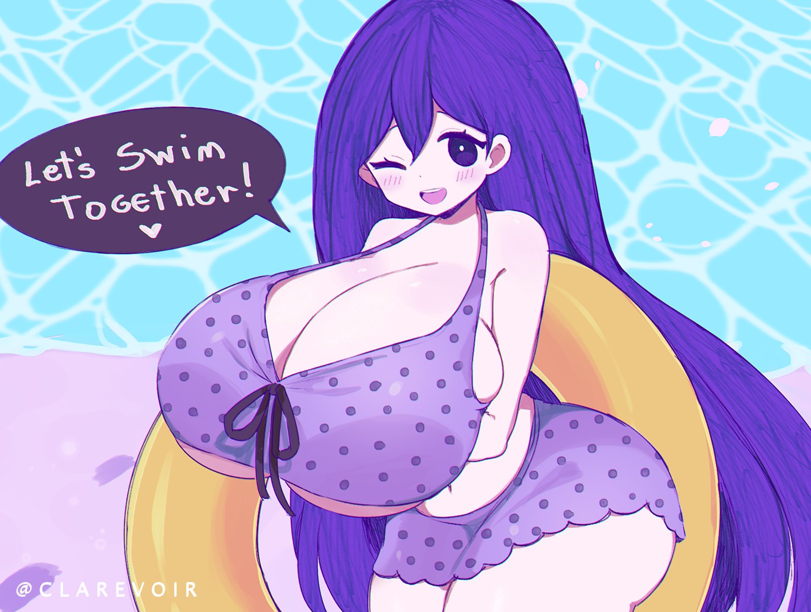 1girls, 2d, alternate breast size, beach, big breasts, blush, breasts, clarevoir, cleavage, curvaceous, curvy, curvy female, deep cleavage, english text, female, female only, floatie, huge breasts, large breasts, light skin, light-skinned female, long hair, looking at viewer, mari (headspace) (omori), mari (omori), midriff, midriff baring shirt, mob face, ocean, omori, open mouth, partially clothed, polka dot, purple clothing, purple eyes, purple hair, smile, solo, solo female, swimsuit, swimwear, thick, thick thighs, thighs, underboob, very long hair, voluptuous, water, wink