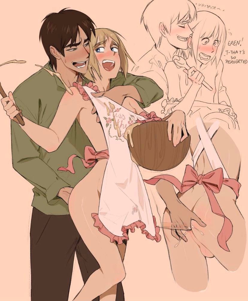 2boys, anal fingering, apron, apron only, armin arlert, attack on titan, blonde hair, blush, bow, cooking, crossdressing, dialogue, domestic living, eren jaeger, femboy, fingering, gay, girly, height difference, lacryboy, male, male only, male/male, maledom, malesub, melanpsycholia, shingeki no kyojin, yaoi