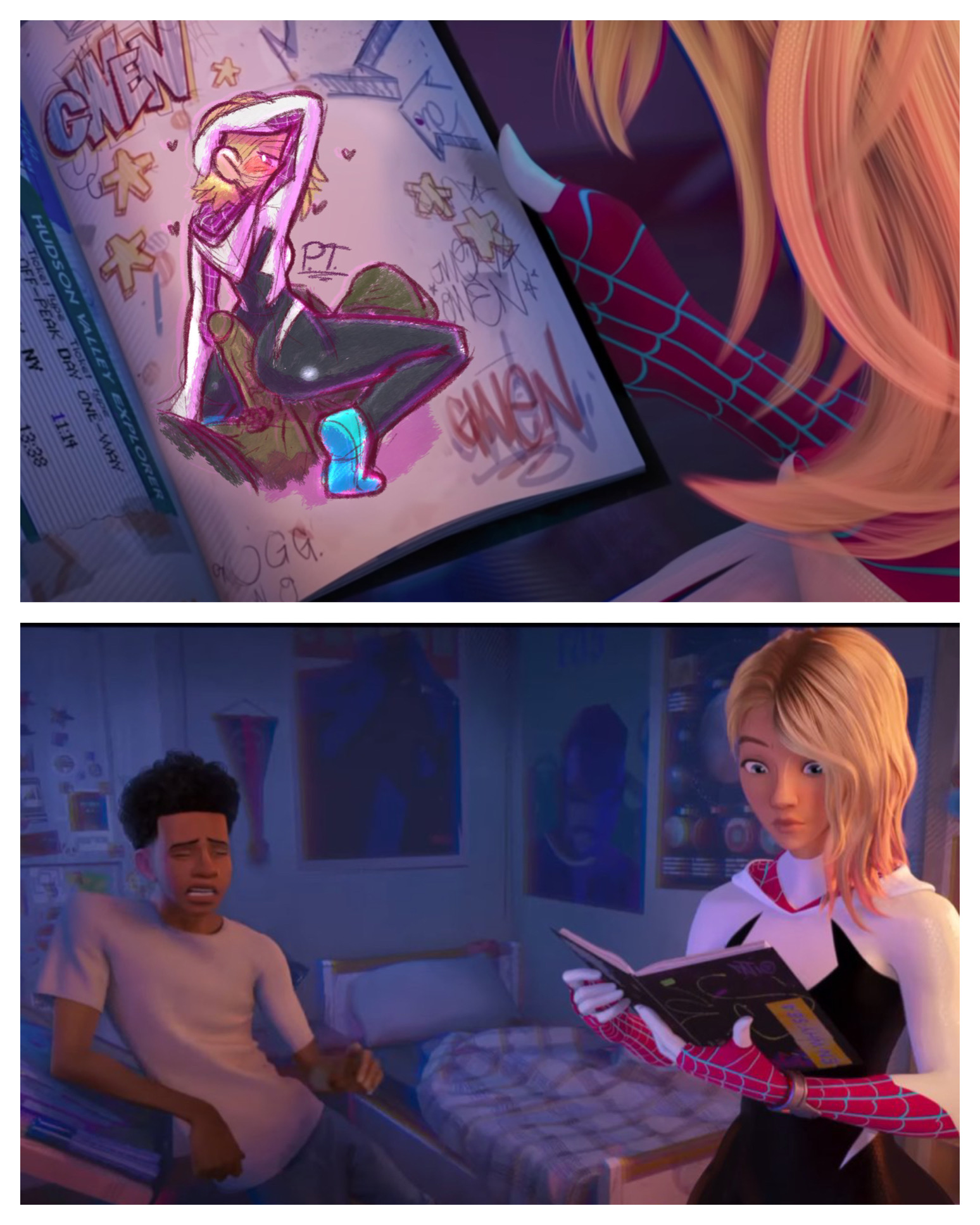 ass, assjob, buttjob, canonical scene, clothed sex, dark skin, dark-skinned male, drawing, female, ghost-spider, gwen art check, gwen stacy, hetero, hotdogging, interracial, jonathanpt, light skin, light-skinned female, male, marvel, marvel comics, meme, miles morales, reverse cowgirl position, spider-gwen, spider-man, spider-man (series), spider-man: across the spider-verse, straight hair, superheroine