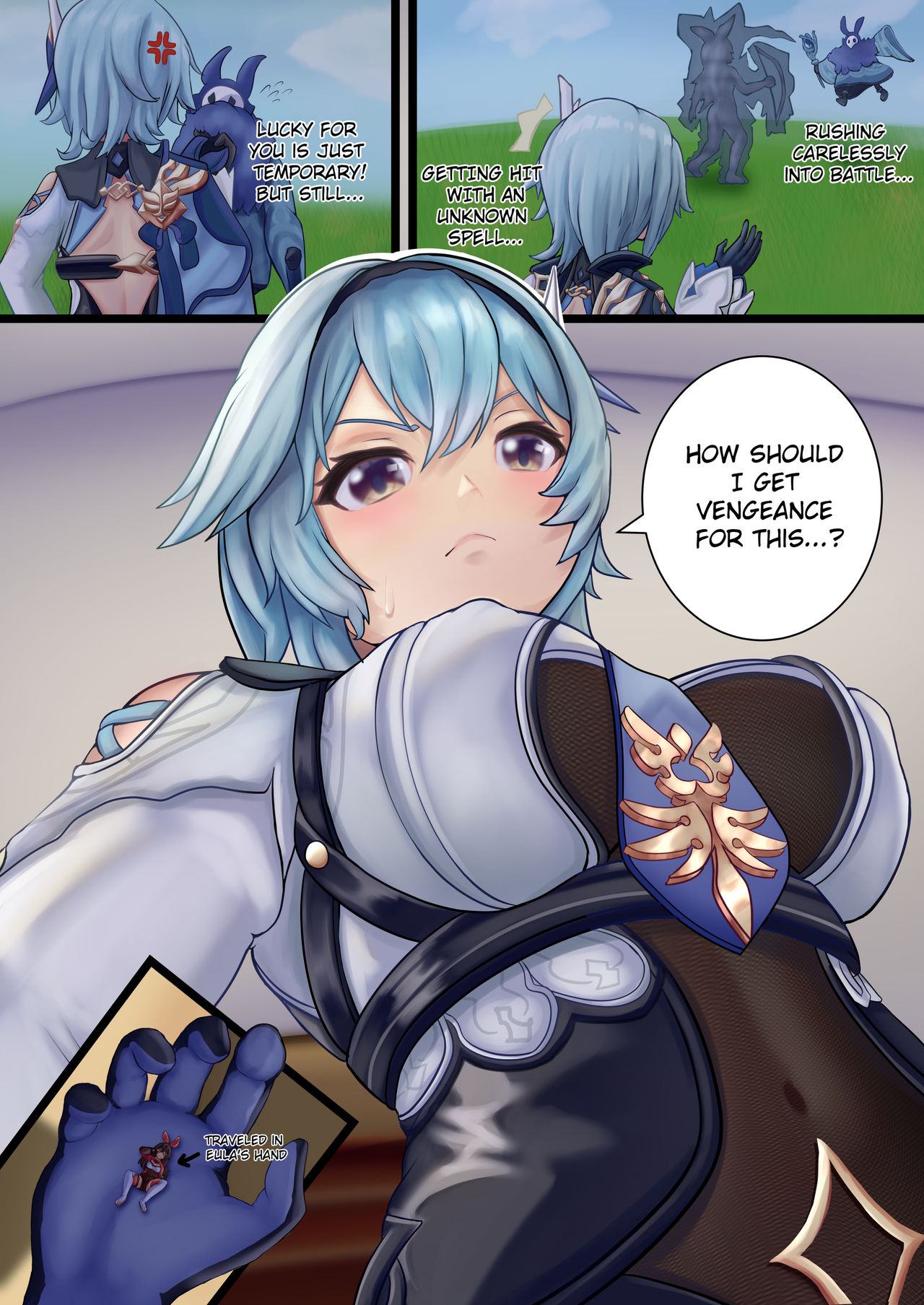 2girls, amber (genshin impact), big breasts, breasts, color, comic, eula (genshin impact), female, genshin impact, giantess, kentaryu, larger female, size difference, smaller female, text