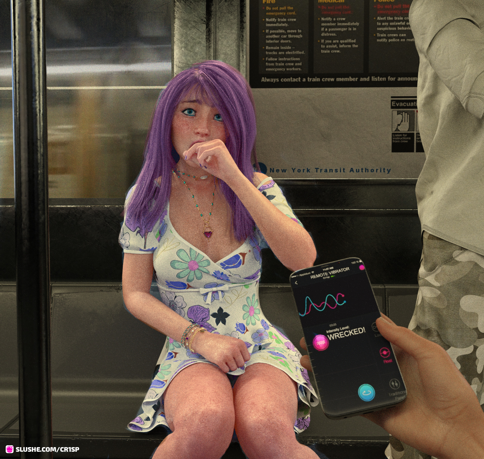 1girls, 3d, blush, bracelet, breasts, cr1sp, dress, dyed hair, english text, exhibition, exhibitionism, exhibitionist, female, front view, indoors, legs together, long hair, looking at viewer, looking pleasured, male, male pov, necklace, pinup, pov, public, public masturbation, public sex, public use, purple hair, remote control vibrator, seated, sex toy, sitting, slushe (website), small breasts, smartphone, train, train interior, vibrator, voyeur, voyeurism, white dress, window