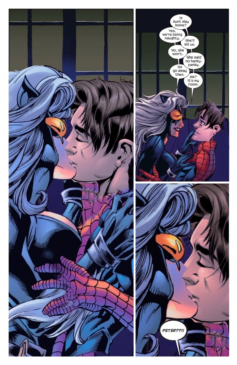 age_difference black_cat black_cat_(marvel) caught caught_in_the_act comic_page cougar cradle_robber earth_1610 edited felicia_hardy implied_sex kissing marvel marvel_comics milf naughty peter_parker peterfelicia smooch spider-man spider-man_(series) spider-man_and_black_cat straight_hair teenager text_bubble ultimate_black_cat ultimate_marvel ultimate_spider-man ultimate_spider-man_(comic)