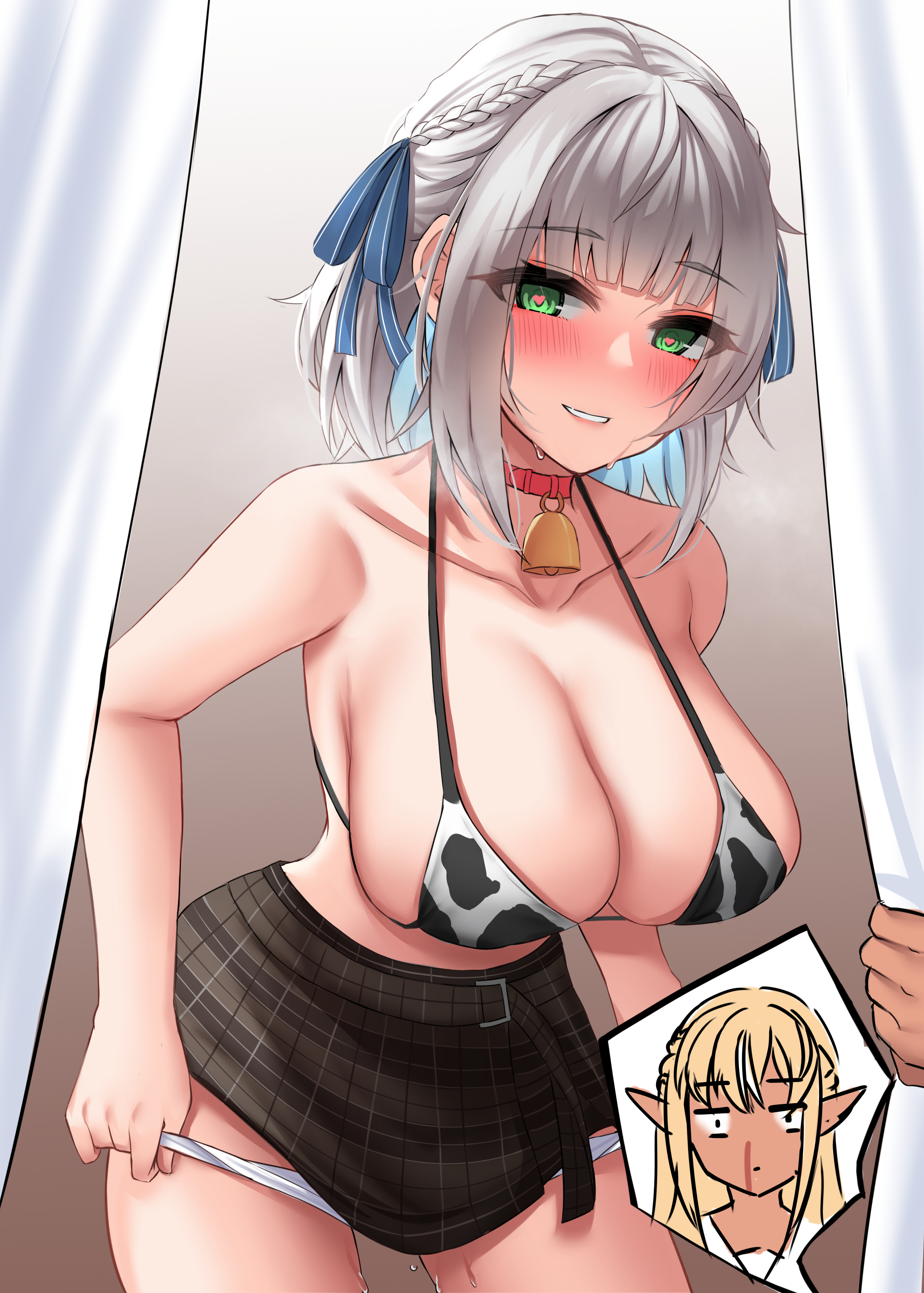 2021, 2girls, absurdres, alternate version available, animal print, bell, big breasts, bikini, bikini top, blonde hair, blood, blush, braid, breasts, breath, cleavage, collarbone, cow print, curtains, eyebrows visible through hair, female, french braid, green eyes, hair ribbon, heart, heart-shaped pupils, highres, hololive, hololive fantasy, hololive japan, huge breasts, multiple females, multiple girls, neck bell, nosebleed, panties, panty pull, pointy ears, poisonousgas, ribbon, shiranui flare, shirogane noel, short hair, silver hair, skirt, solo focus, sweat, swimsuit, symbol-shaped pupils, underwear, virtual youtuber